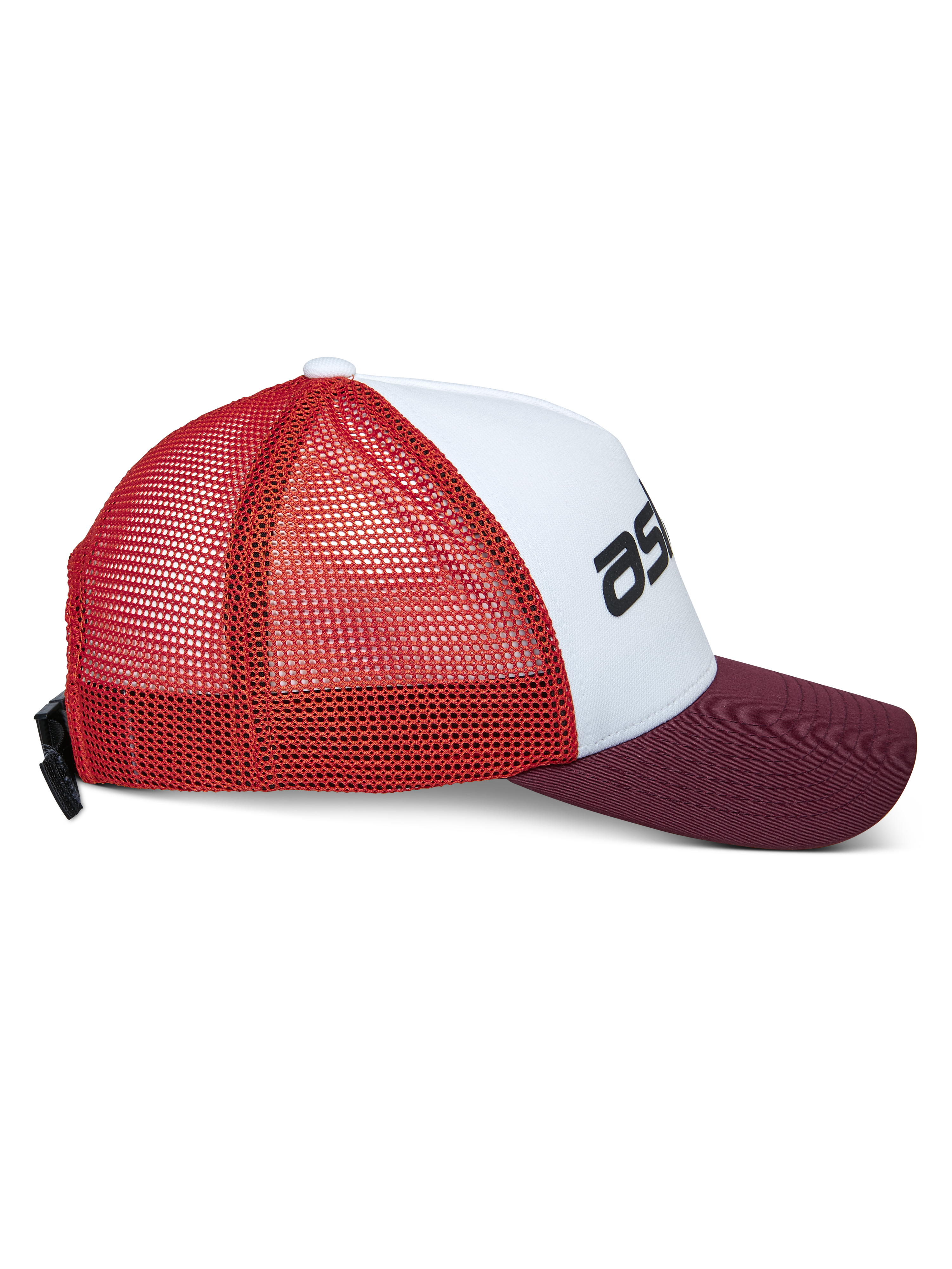 Alpinestars Vital Trucker Hat, lässige Trucker-Cap, Weiß, Maroon und Orange, Seitenansicht mit gebogenem Schirm und Mesh-Rückseite, verstellbarer Schnallenverschluss, strukturierte Krone mit schwarzem Logo