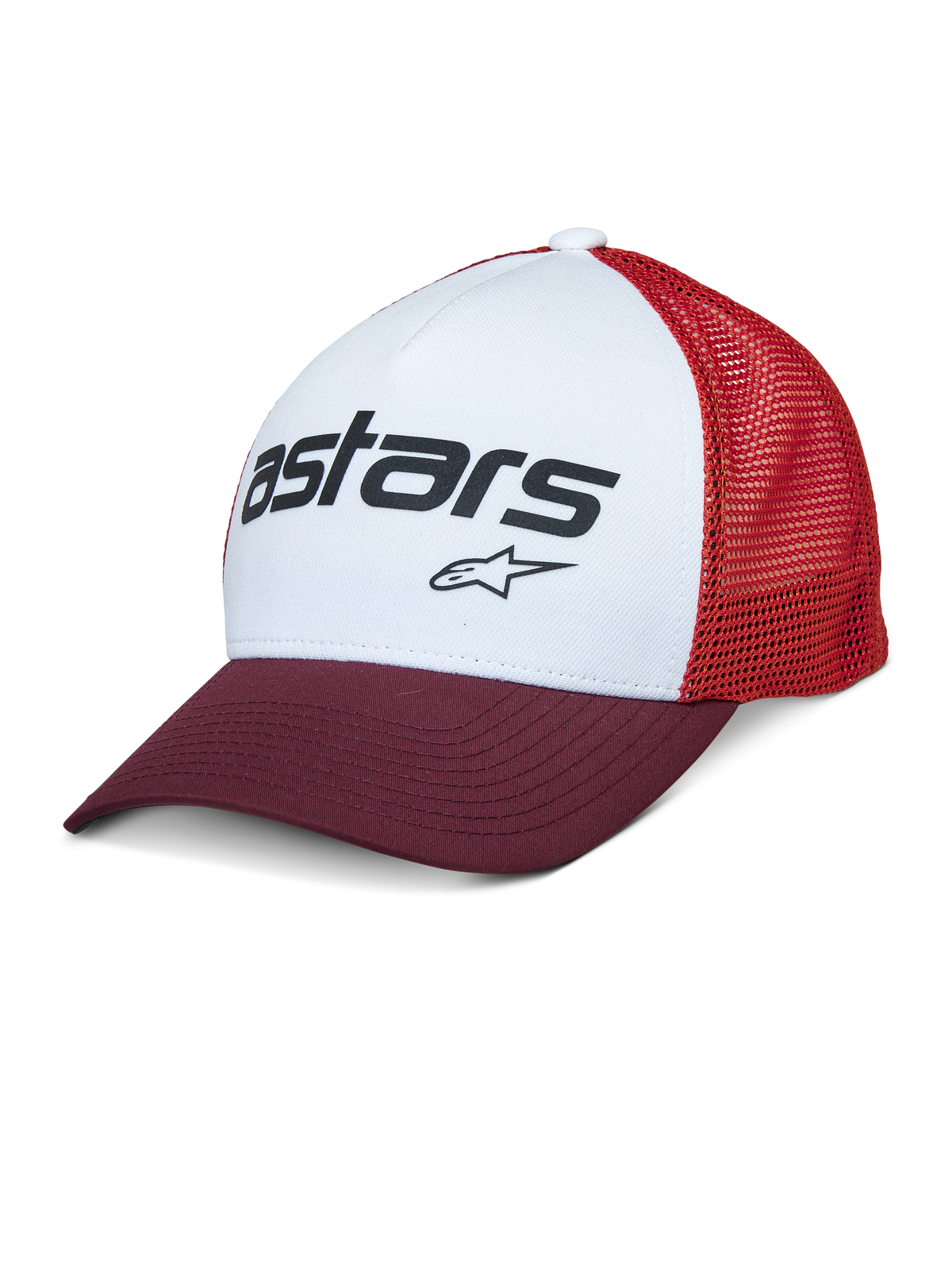 Alpinestars Vital Trucker Hat, weißes Vorderteil mit bordeauxrotem gebogenem Schirm und roter Mesh-Rückseite, schwarzes Astars-Textlogo, lässige strukturierte Trucker-Kappe mit gebogenem Schirm