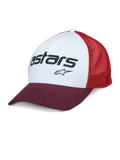 Alpinestars Vital Trucker Hat, weißes Vorderteil mit bordeauxrotem gebogenem Schirm und roter Mesh-Rückseite, schwarzes Astars-Textlogo, lässige strukturierte Trucker-Kappe mit gebogenem Schirm
