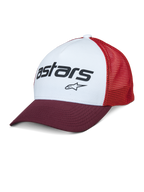 Alpinestars Vital Trucker Hat, weißes Vorderteil mit bordeauxrotem gebogenem Schirm und roter Mesh-Rückseite, schwarzes Astars-Textlogo, lässige strukturierte Trucker-Kappe mit gebogenem Schirm