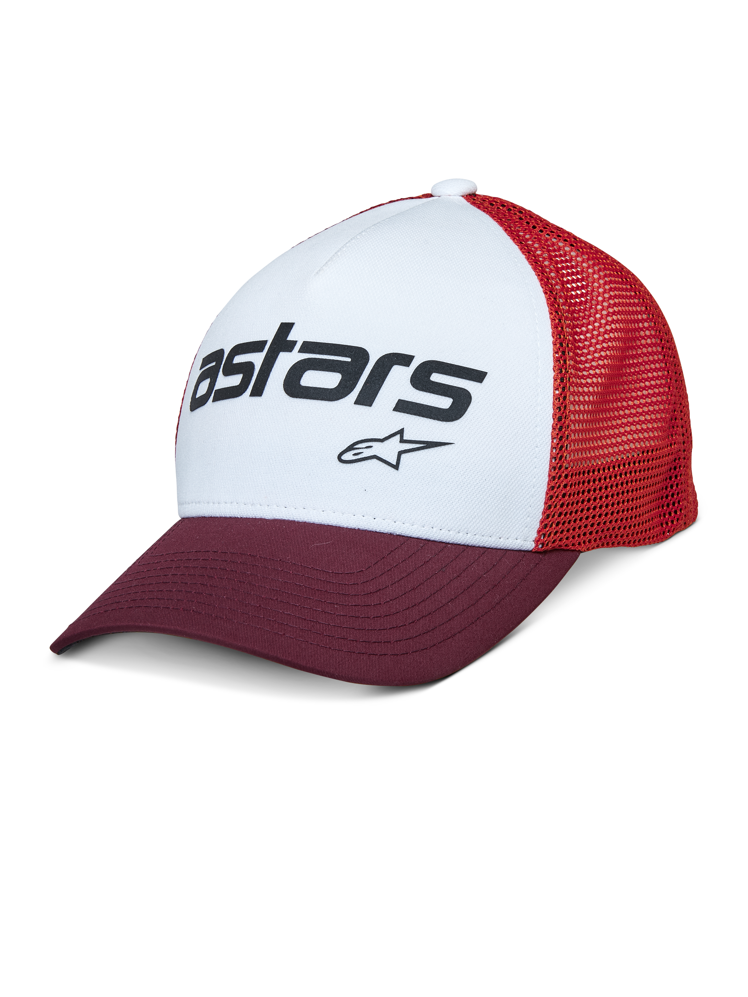 Alpinestars Vital Trucker Hat, weißes Vorderteil mit bordeauxrotem gebogenem Schirm und roter Mesh-Rückseite, schwarzes Astars-Textlogo, lässige strukturierte Trucker-Kappe mit gebogenem Schirm