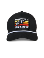 Alpinestars Selica Trucker-Mütze, Schwarz, bestickter Aufnäher vorne mit weißem Astars-Logo und mehrfarbigen Streifen, weiße geflochtene Kordel-Verzierung, gebogener Schirm, strukturierte Krone, lässige, vom Motorsport inspirierte Streetwear