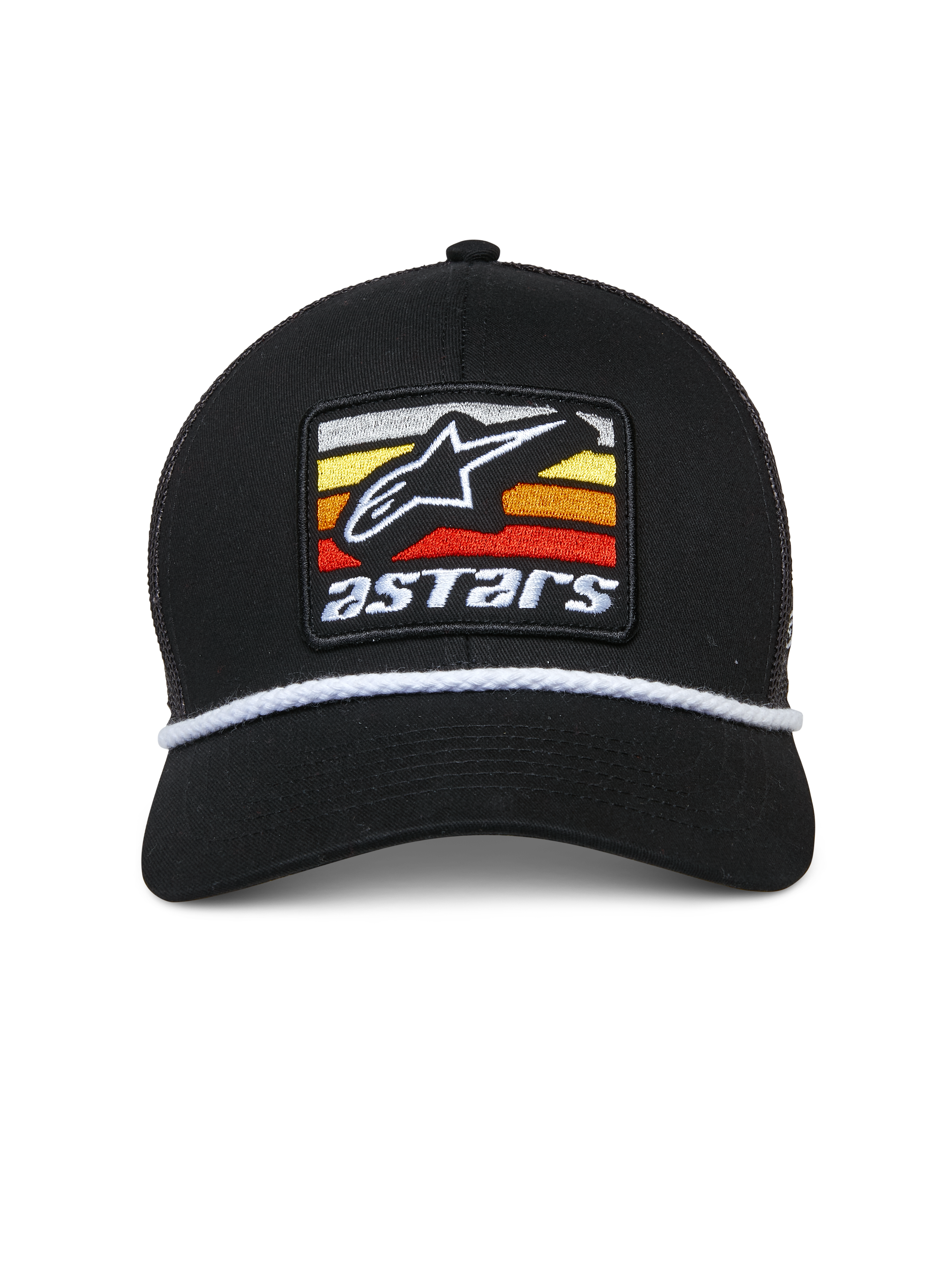 Alpinestars Selica Trucker-Mütze, Schwarz, bestickter Aufnäher vorne mit weißem Astars-Logo und mehrfarbigen Streifen, weiße geflochtene Kordel-Verzierung, gebogener Schirm, strukturierte Krone, lässige, vom Motorsport inspirierte Streetwear
