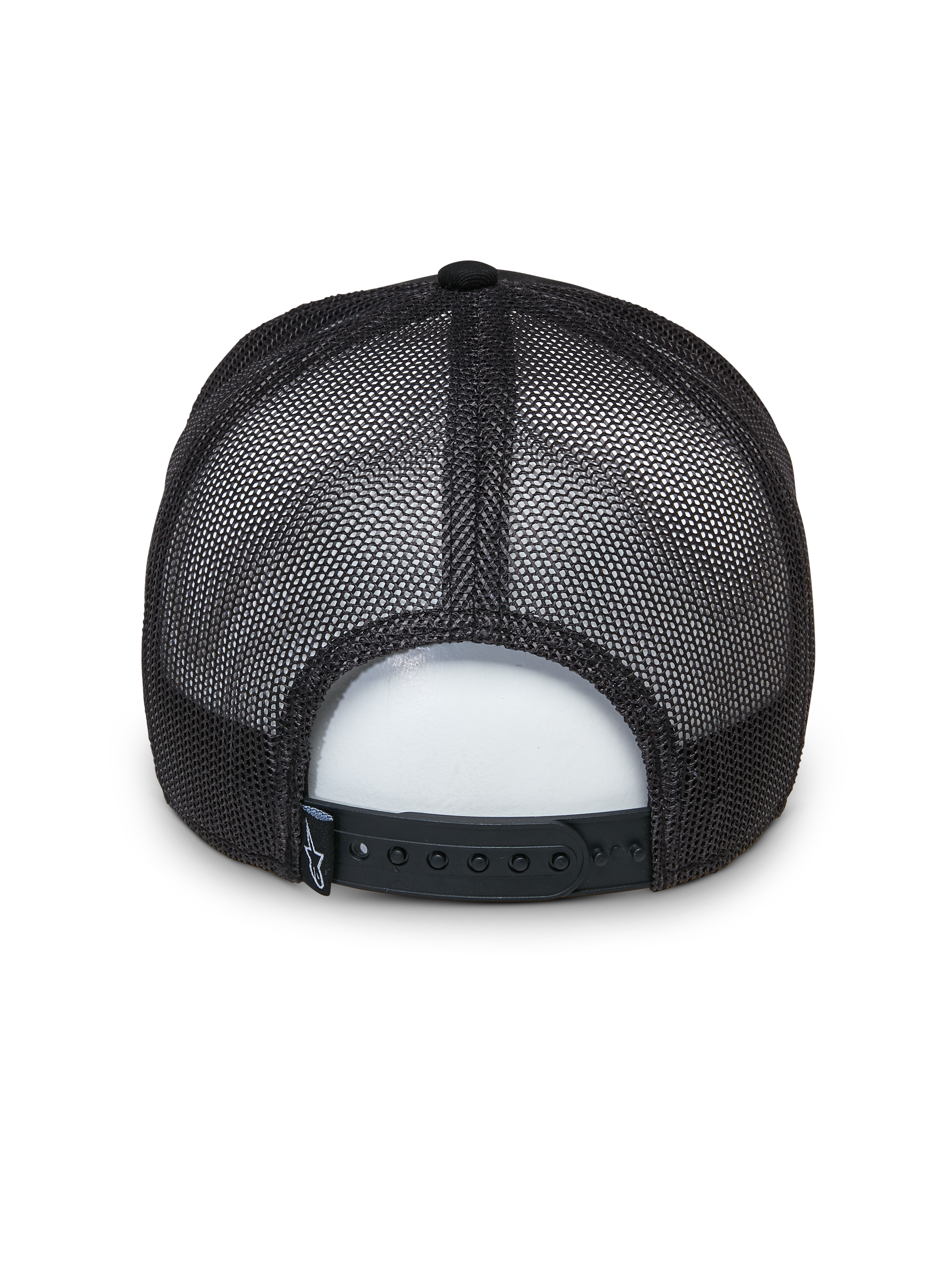 Alpinestars Selica Trucker Mütze, Schwarz, Rückansicht mit atmungsaktiven Mesh-Einsätzen und verstellbarem Snapback-Verschluss, kleines gewebtes Logo-Etikett, klassisches strukturiertes Trucker-Design für den Alltag
