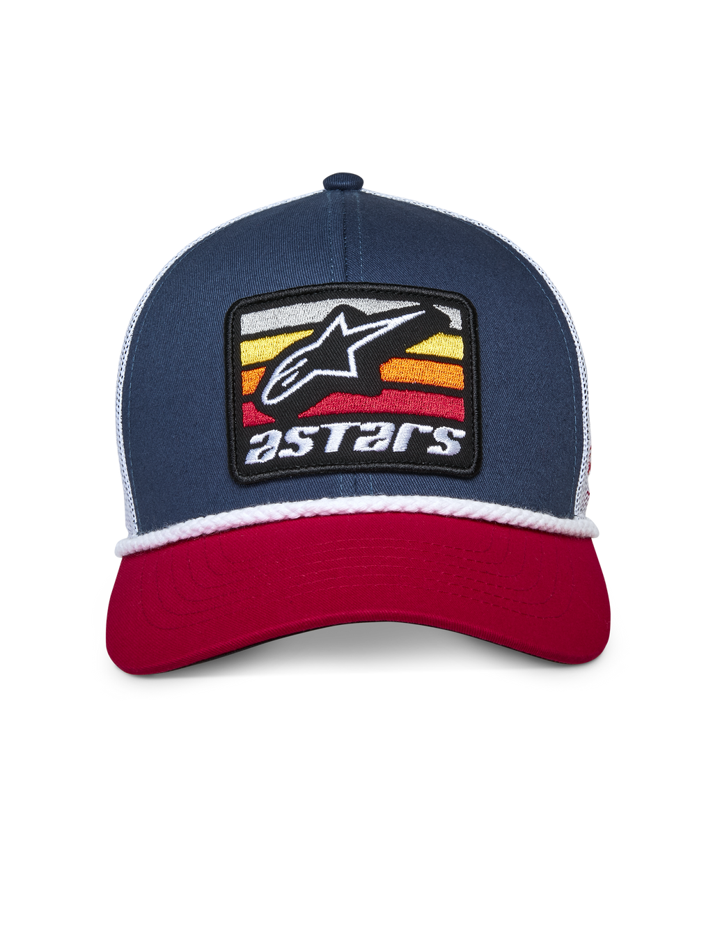 Alpinestars Selica Trucker Mütze, Dunkelblau, Rot und Weiß, gebogener roter Schirm, dunkelblaue strukturierte Krone mit weißer Mesh-Rückseite, vorne besticktes Astars Patch-Logo mit geflochtener weißer Kordel-Verzierung