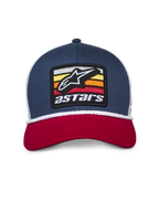 Alpinestars Selica Trucker Mütze, Dunkelblau, Rot und Weiß, gebogener roter Schirm, dunkelblaue strukturierte Krone mit weißer Mesh-Rückseite, vorne besticktes Astars Patch-Logo mit geflochtener weißer Kordel-Verzierung