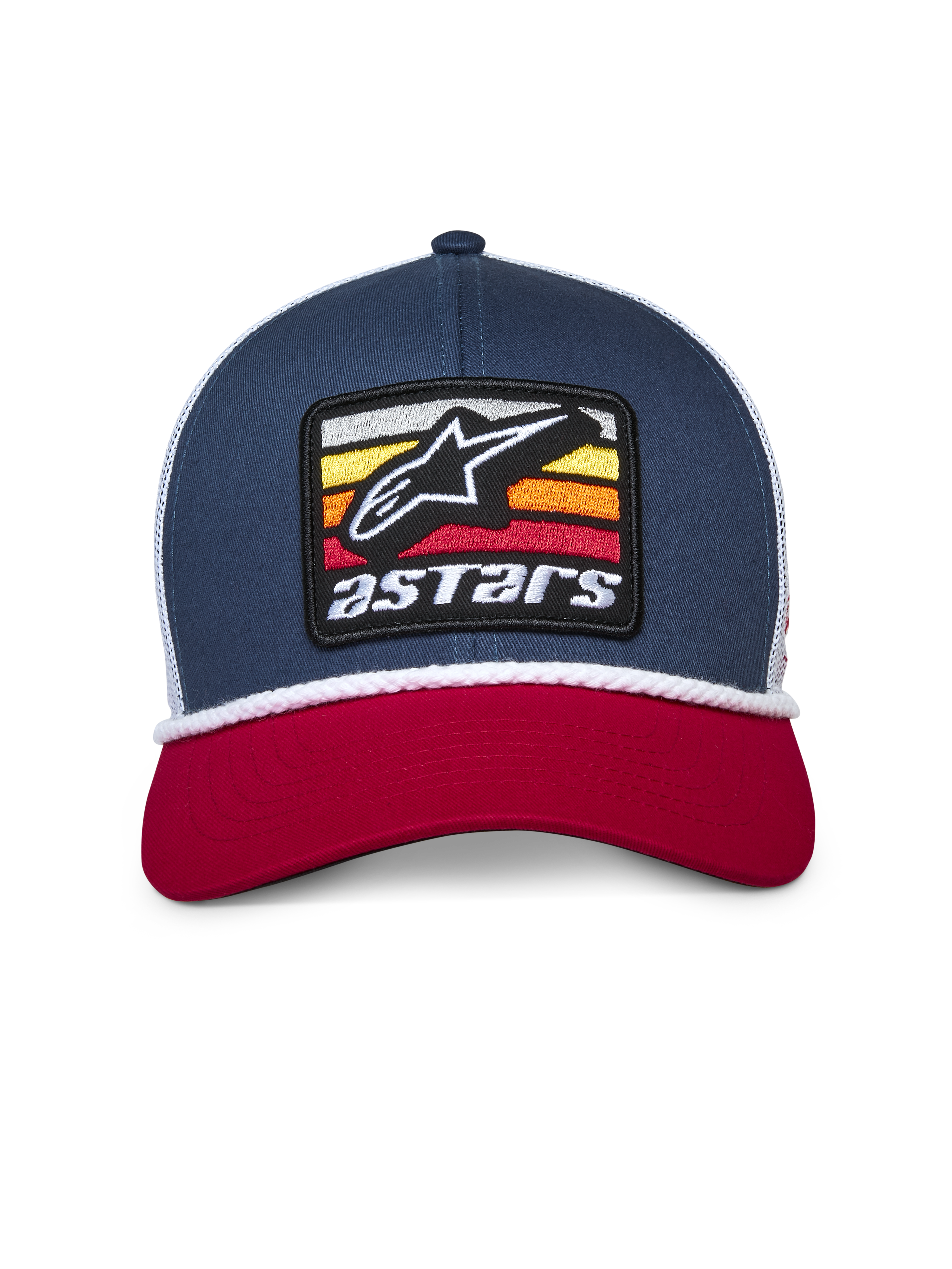 Alpinestars Selica Trucker Mütze, Dunkelblau, Rot und Weiß, gebogener roter Schirm, dunkelblaue strukturierte Krone mit weißer Mesh-Rückseite, vorne besticktes Astars Patch-Logo mit geflochtener weißer Kordel-Verzierung