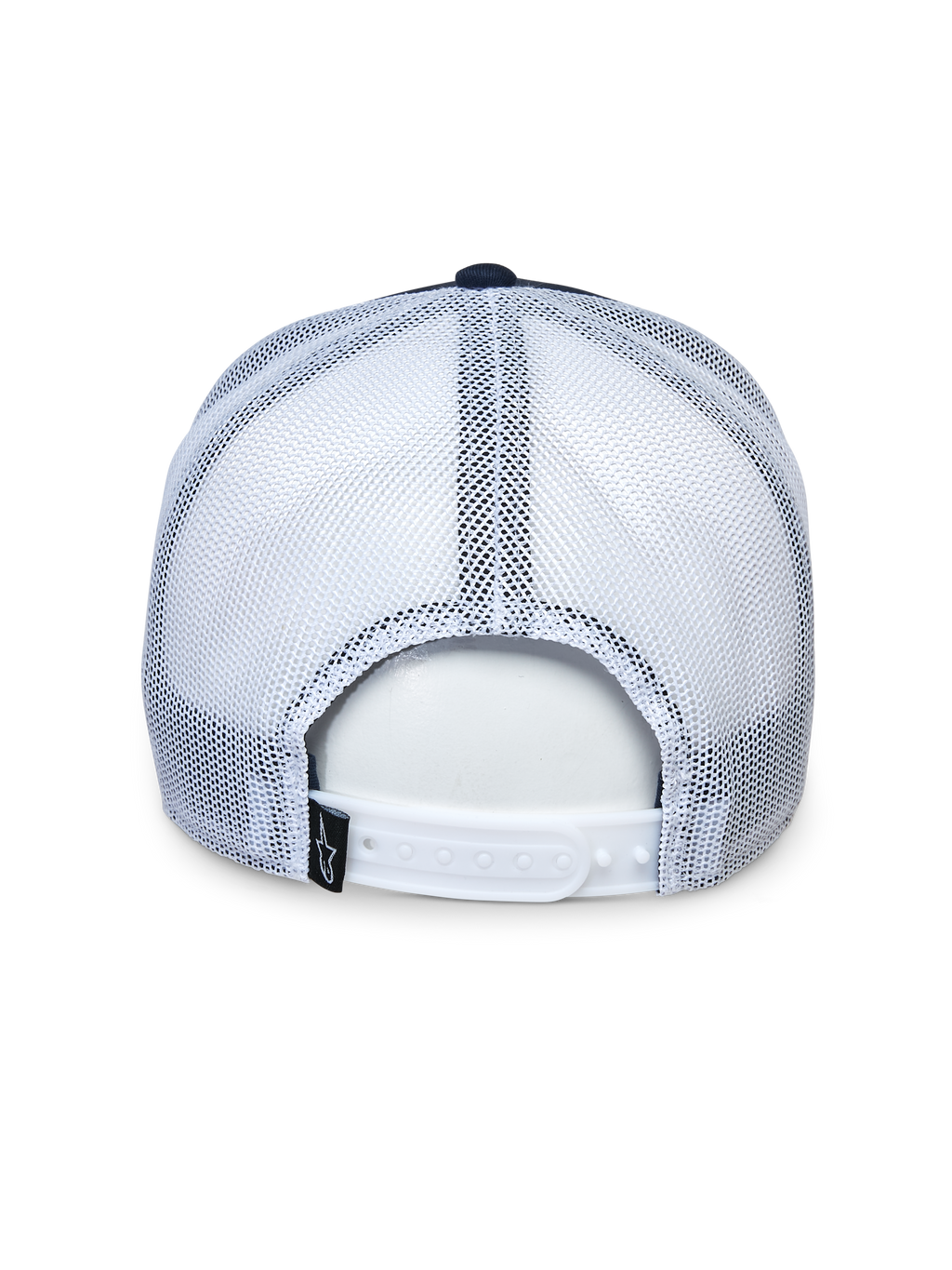 Alpinestars Selica Trucker-Mütze, Rückansicht, Dunkelblau und Weiß, weiße Mesh-Einsätze und verstellbarer Snapback-Verschluss, kleines schwarzes Logo-Etikett, lässige Motorsport-Kopfbedeckung