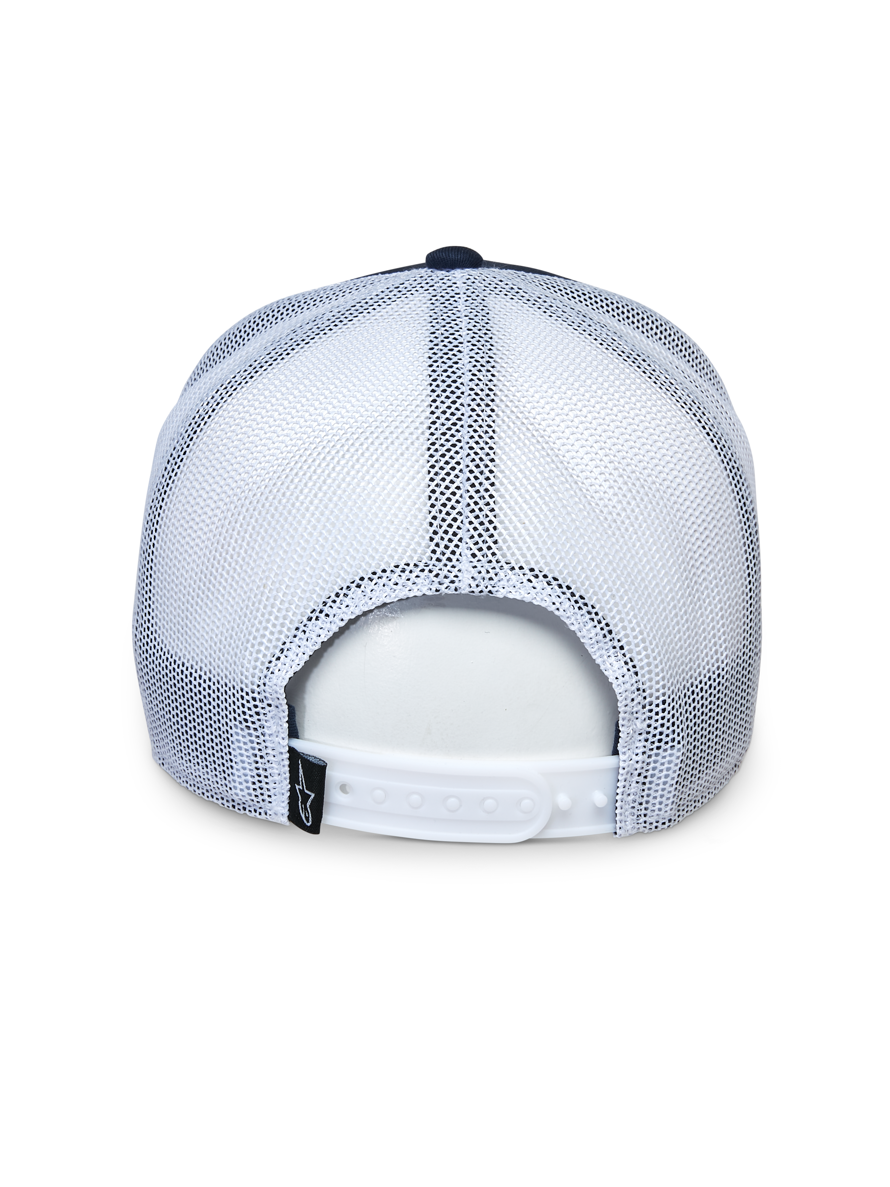 Alpinestars Selica Trucker-Mütze, Rückansicht, Dunkelblau und Weiß, weiße Mesh-Einsätze und verstellbarer Snapback-Verschluss, kleines schwarzes Logo-Etikett, lässige Motorsport-Kopfbedeckung