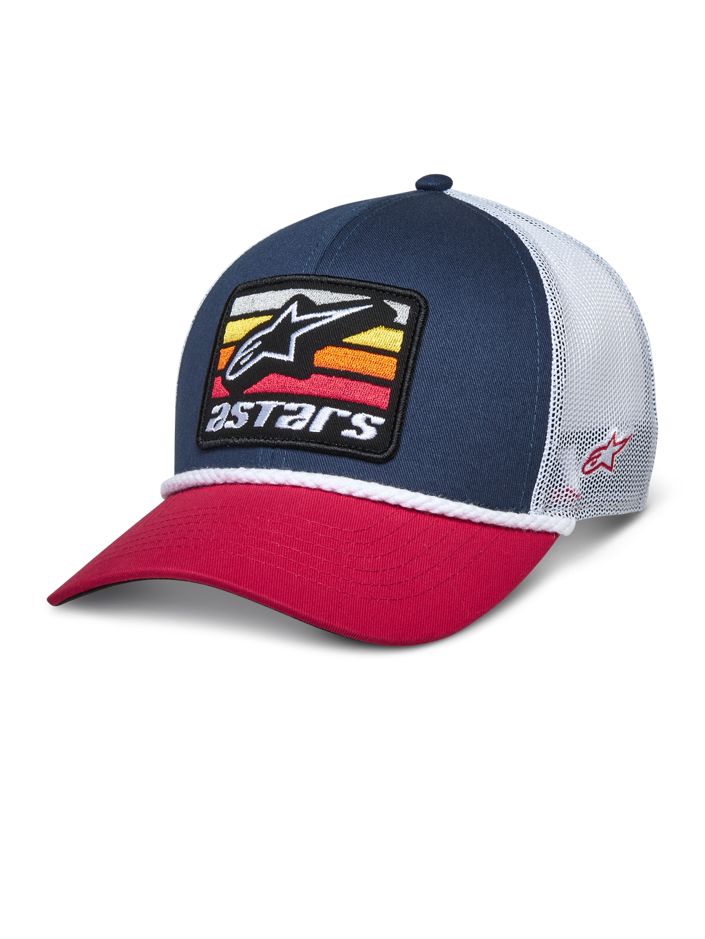 Alpinestars Selica Trucker Hat, navyblaue und rote Snapback-Kappe mit weißem Netzeinsatz, bestickter Patch auf der Vorderseite mit Stern-Logo und farbenfrohen Streifen, weiße geflochtene Kordel, lässige, vom Motorsport inspirierte Streetwear.