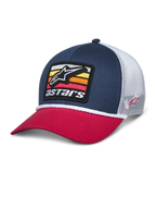 Alpinestars Selica Trucker Hat, navyblaue und rote Snapback-Kappe mit weißem Netzeinsatz, bestickter Patch auf der Vorderseite mit Stern-Logo und farbenfrohen Streifen, weiße geflochtene Kordel, lässige, vom Motorsport inspirierte Streetwear.