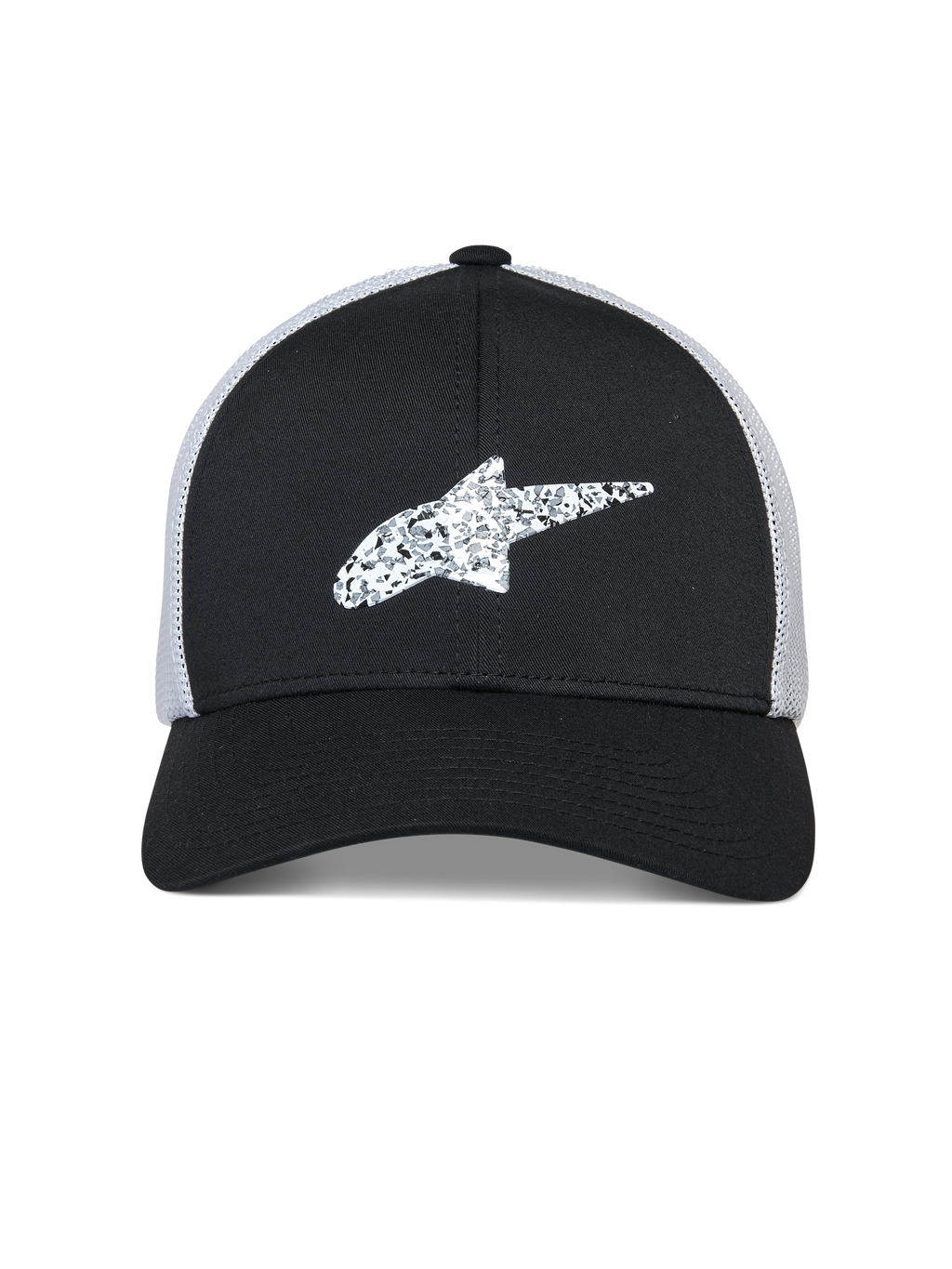 Alpinestars Terolithic Trucker Mütze, Sportswear-Mütze, Schwarz mit weißer Mesh-Rückseite, texturiertes weißes Alpinestars Stern-Logo auf der Vorderseite, gebogener Schirm und strukturierte niedrige Krone