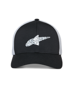 Alpinestars Terolithic Trucker Mütze, Sportswear-Mütze, Schwarz mit weißer Mesh-Rückseite, texturiertes weißes Alpinestars Stern-Logo auf der Vorderseite, gebogener Schirm und strukturierte niedrige Krone