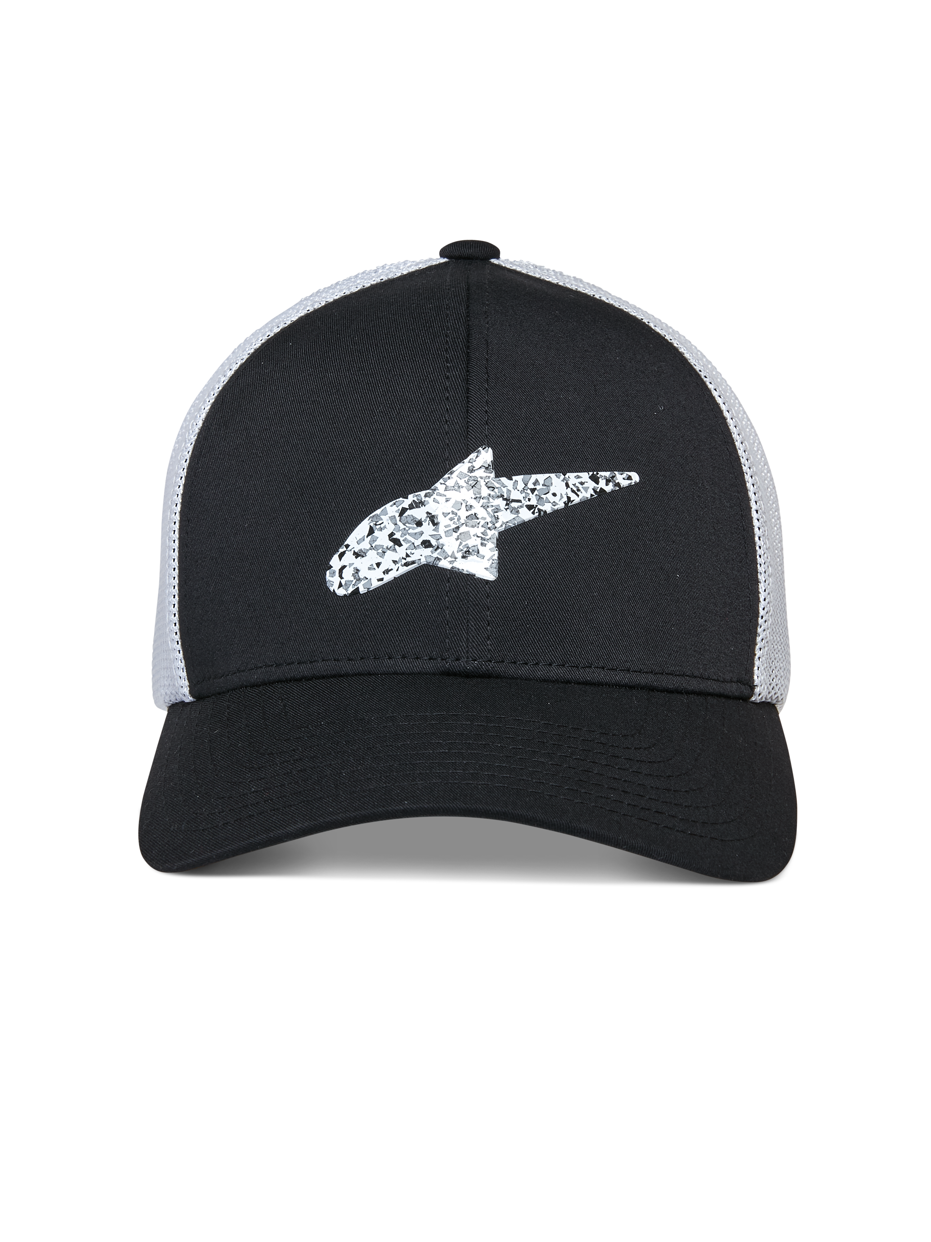 Alpinestars Terolithic Trucker Mütze, Sportswear-Mütze, Schwarz mit weißer Mesh-Rückseite, texturiertes weißes Alpinestars Stern-Logo auf der Vorderseite, gebogener Schirm und strukturierte niedrige Krone