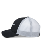 Alpinestars Terolithic Trucker Mütze, Seitenansicht, schwarze Frontpaneele und gebogener Schirm mit weißem Mesh-Rückteil, lässige Sportswear Snapback-Cap