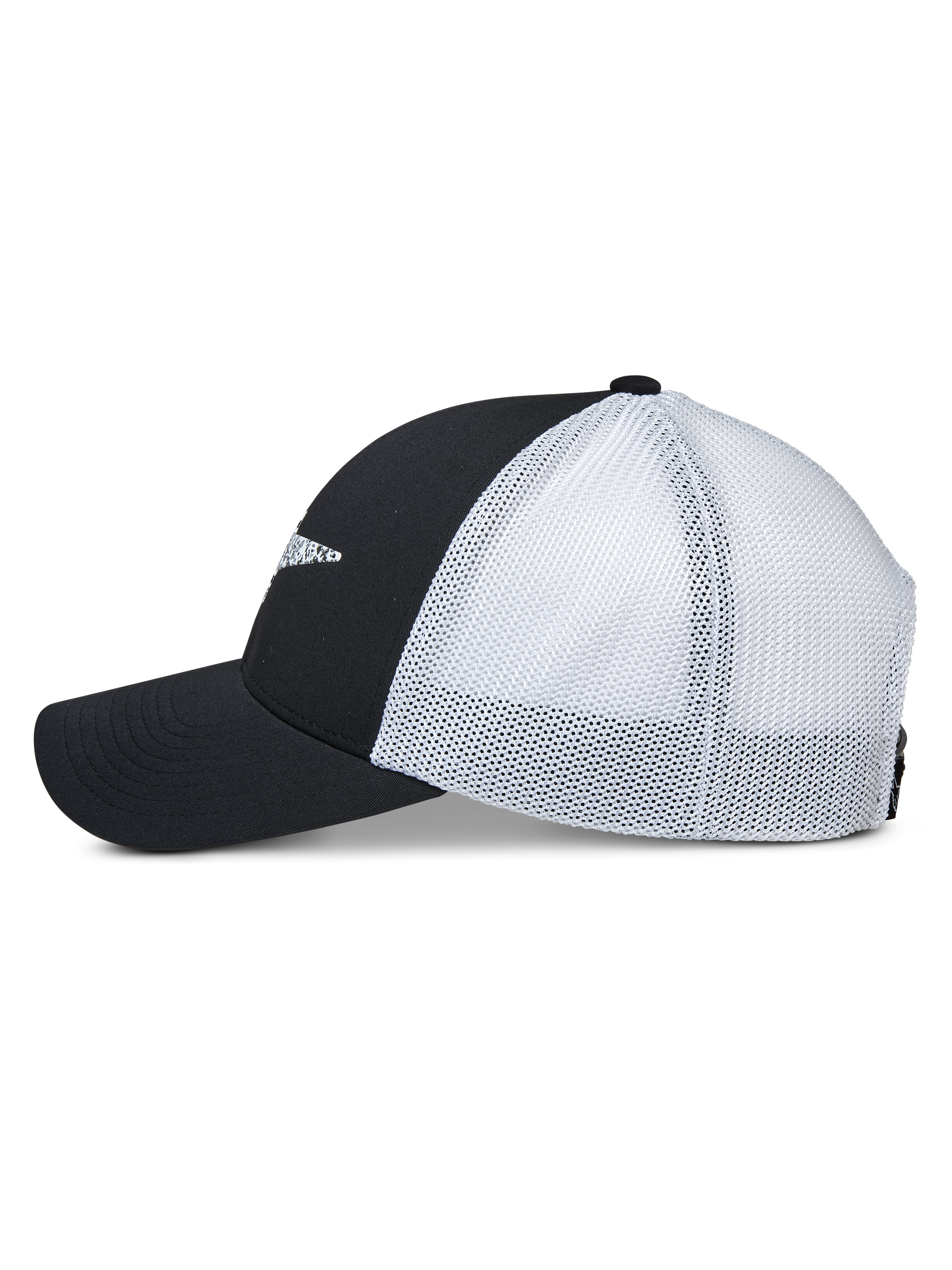 Alpinestars Terolithic Trucker Mütze, Seitenansicht, schwarze Frontpaneele und gebogener Schirm mit weißem Mesh-Rückteil, lässige Sportswear Snapback-Cap