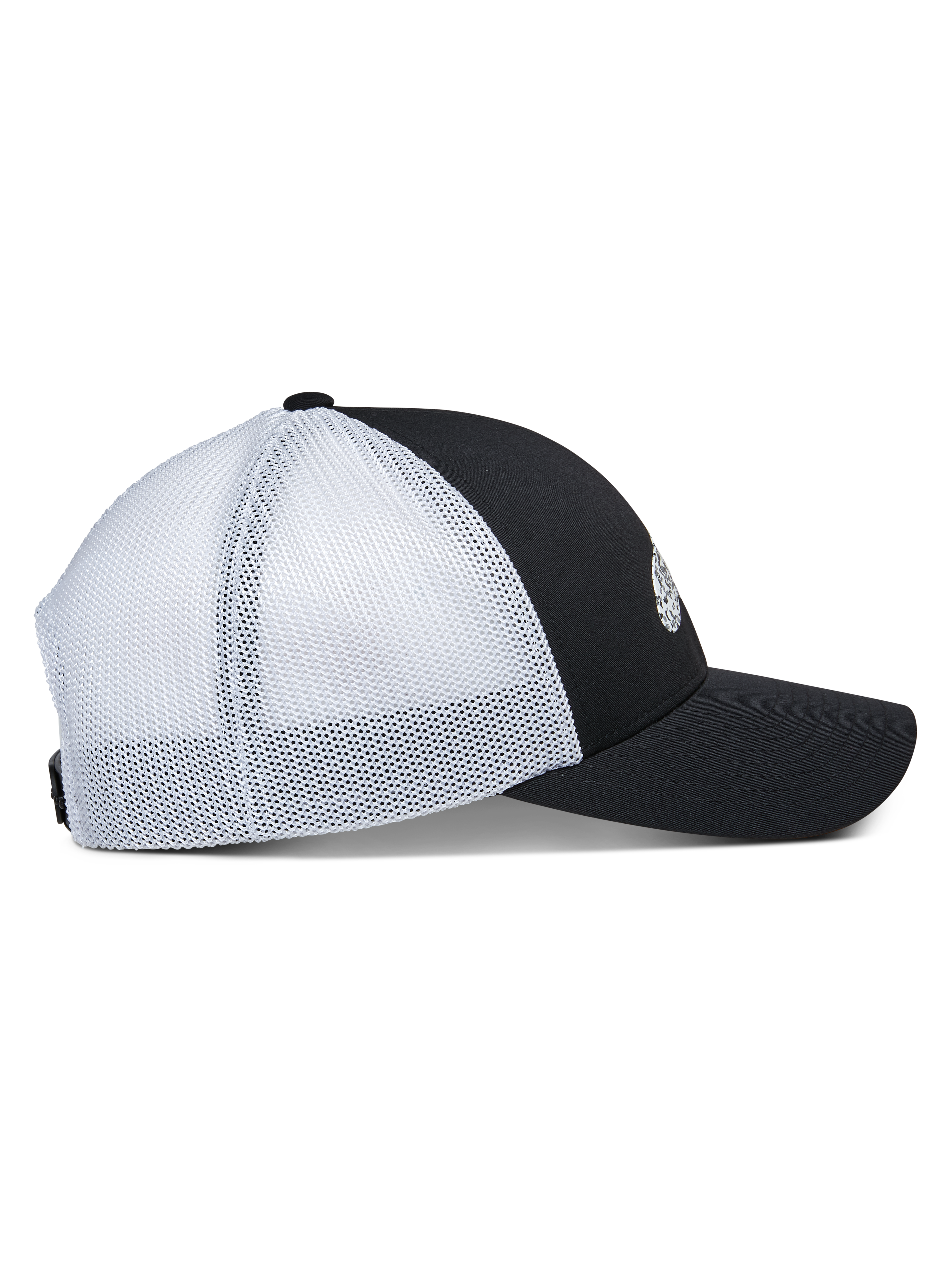 Alpinestars Terolithic Trucker Hat, Seitenansicht, schwarzes Frontpanel mit gebogenem Schirm, weiße Mesh-Einsätze hinten, strukturierte niedrige Krone, Kopfbedeckung im klassischen Trucker-Stil
