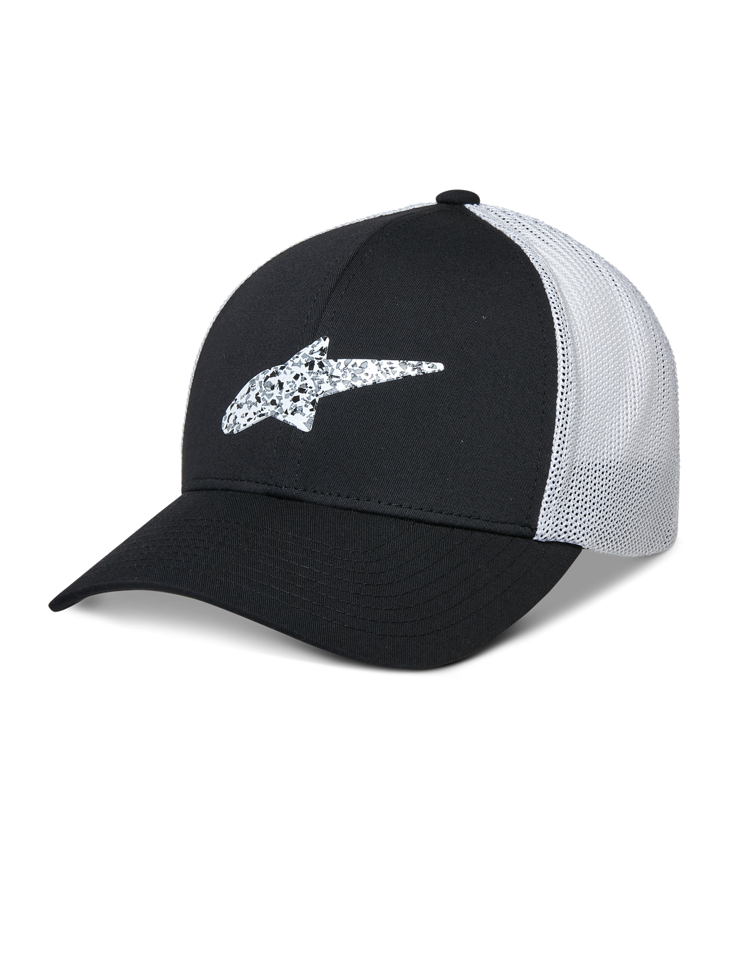 Alpinestars Terolithic Trucker Hat, Baseballkappe, Schwarz und Weiß, gebogener Schirm mit gemustertem TPU-Sternlogo, weiße atmungsaktive Mesh-Rückseite, strukturiertes Design mit niedriger Krone