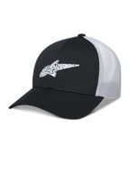 Alpinestars Terolithic Trucker Hat, Baseballkappe, Schwarz und Weiß, gebogener Schirm mit gemustertem TPU-Sternlogo, weiße atmungsaktive Mesh-Rückseite, strukturiertes Design mit niedriger Krone