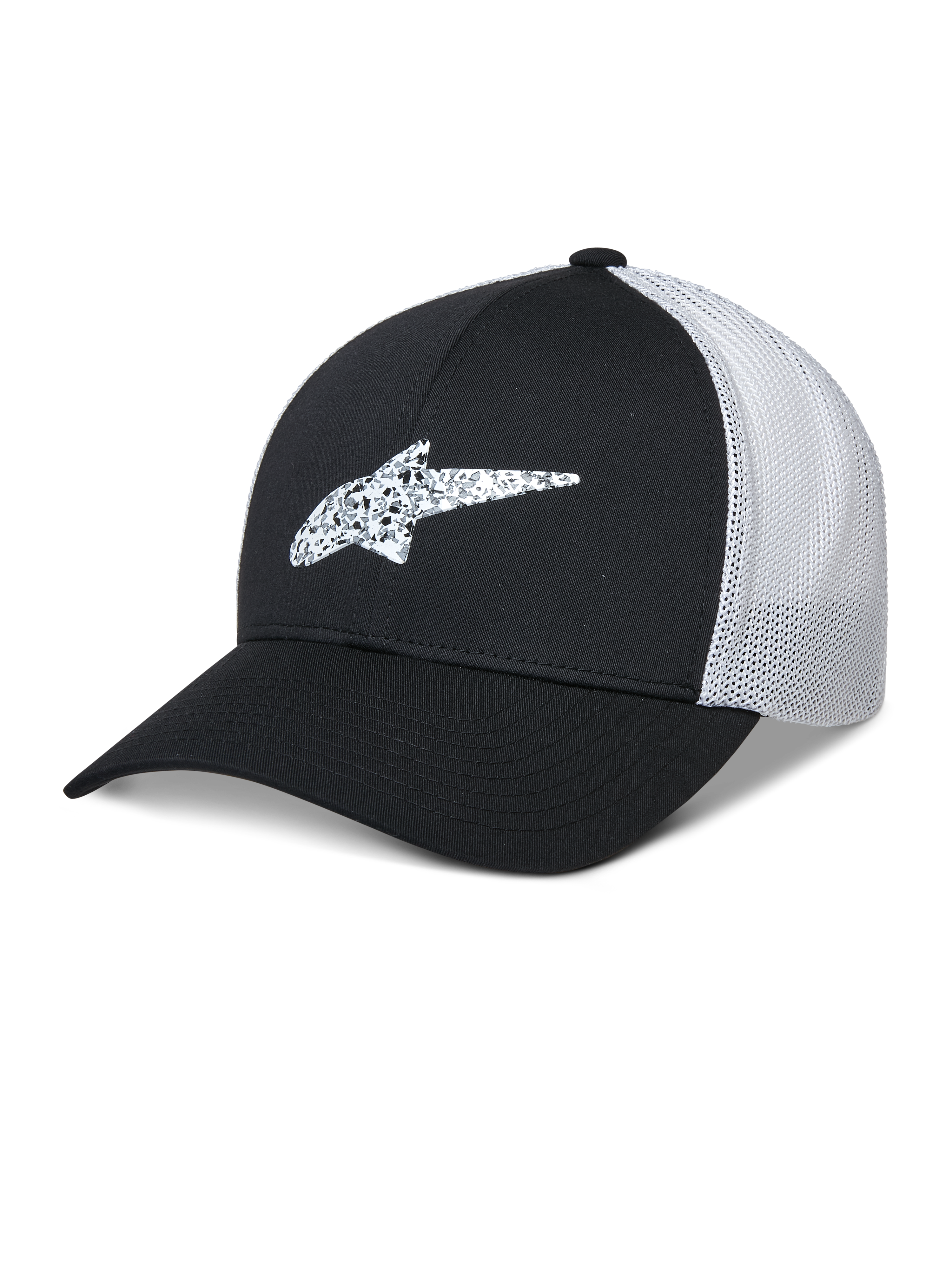 Alpinestars Terolithic Trucker Hat, Baseballkappe, Schwarz und Weiß, gebogener Schirm mit gemustertem TPU-Sternlogo, weiße atmungsaktive Mesh-Rückseite, strukturiertes Design mit niedriger Krone