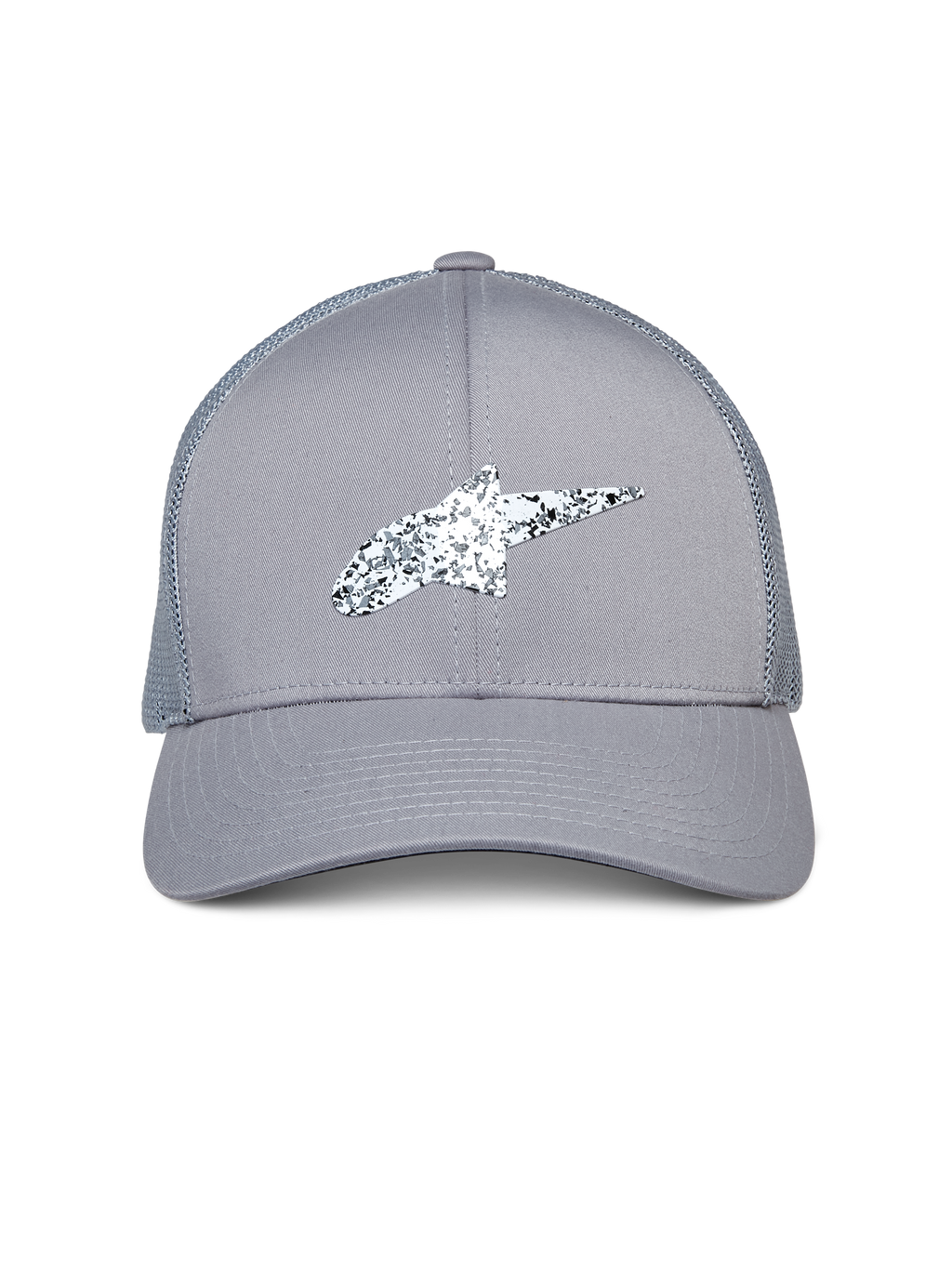 Alpinestars Terolithic Trucker Hat, Grau, mit gesprenkeltem schwarz-weißem Astar-Logo, gebogenem Schirm und Mesh-Rückseite, lässige, vom Motorsport inspirierte Kopfbedeckung