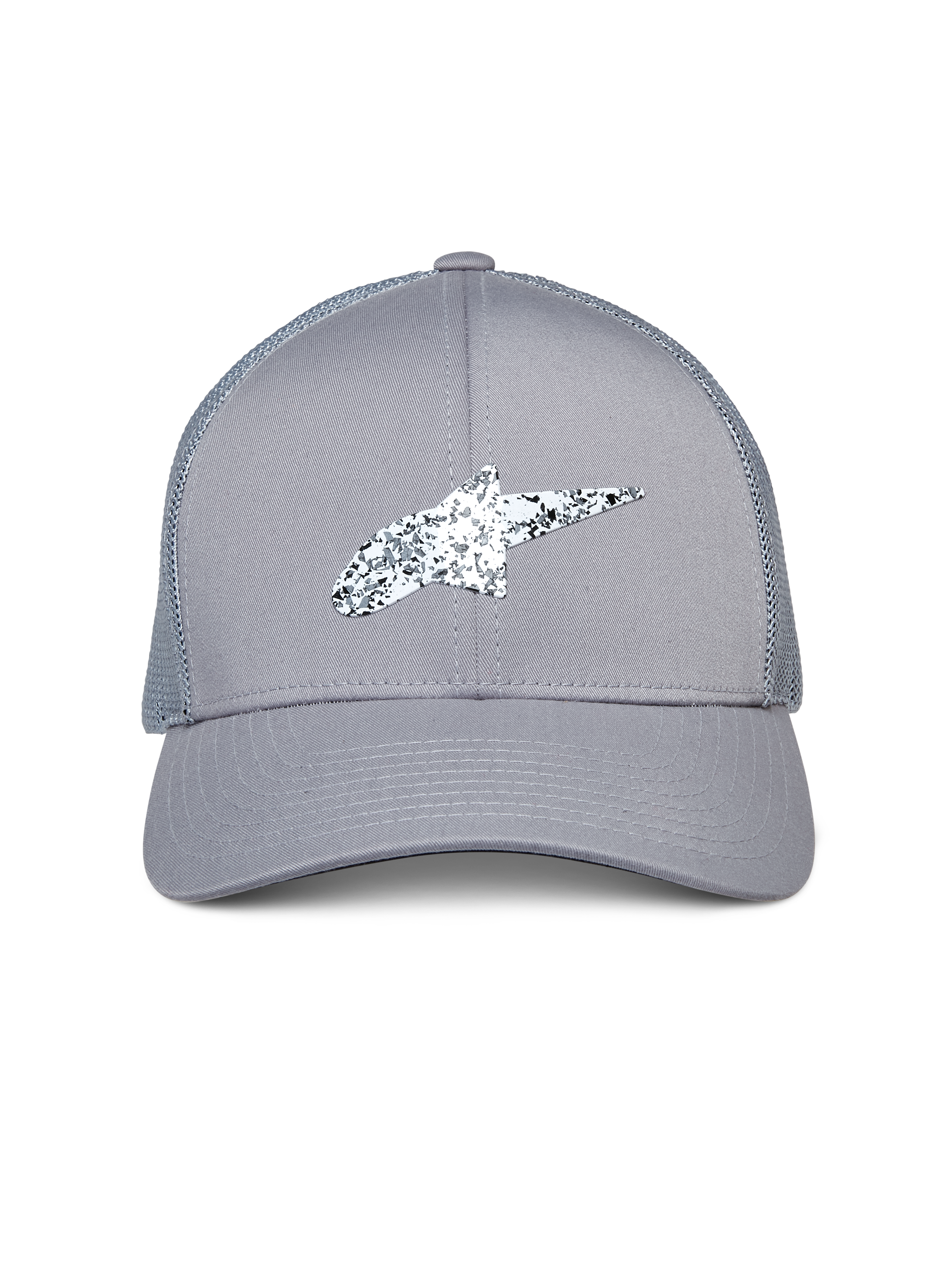 Alpinestars Terolithic Trucker Hat, Grau, mit gesprenkeltem schwarz-weißem Astar-Logo, gebogenem Schirm und Mesh-Rückseite, lässige, vom Motorsport inspirierte Kopfbedeckung