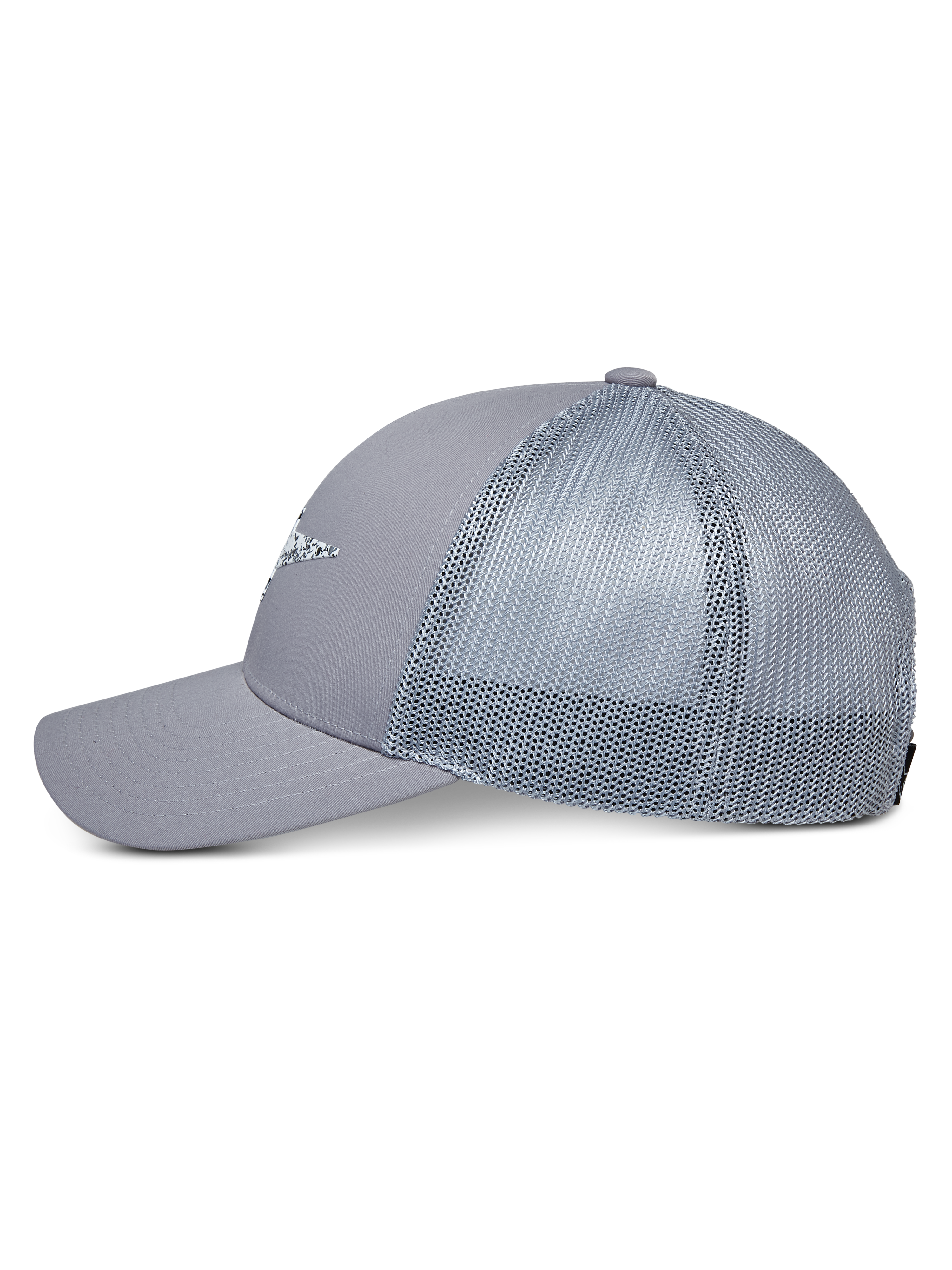 Alpinestars Terolithic Trucker Hat, Grau, Trucker-Kappe mit Mesh-Rückseite und gebogenem Schirm, Seitenansicht, strukturierte niedrige Krone mit Logo-Detail vorne, lässige, vom Motorsport inspirierte Kopfbedeckung