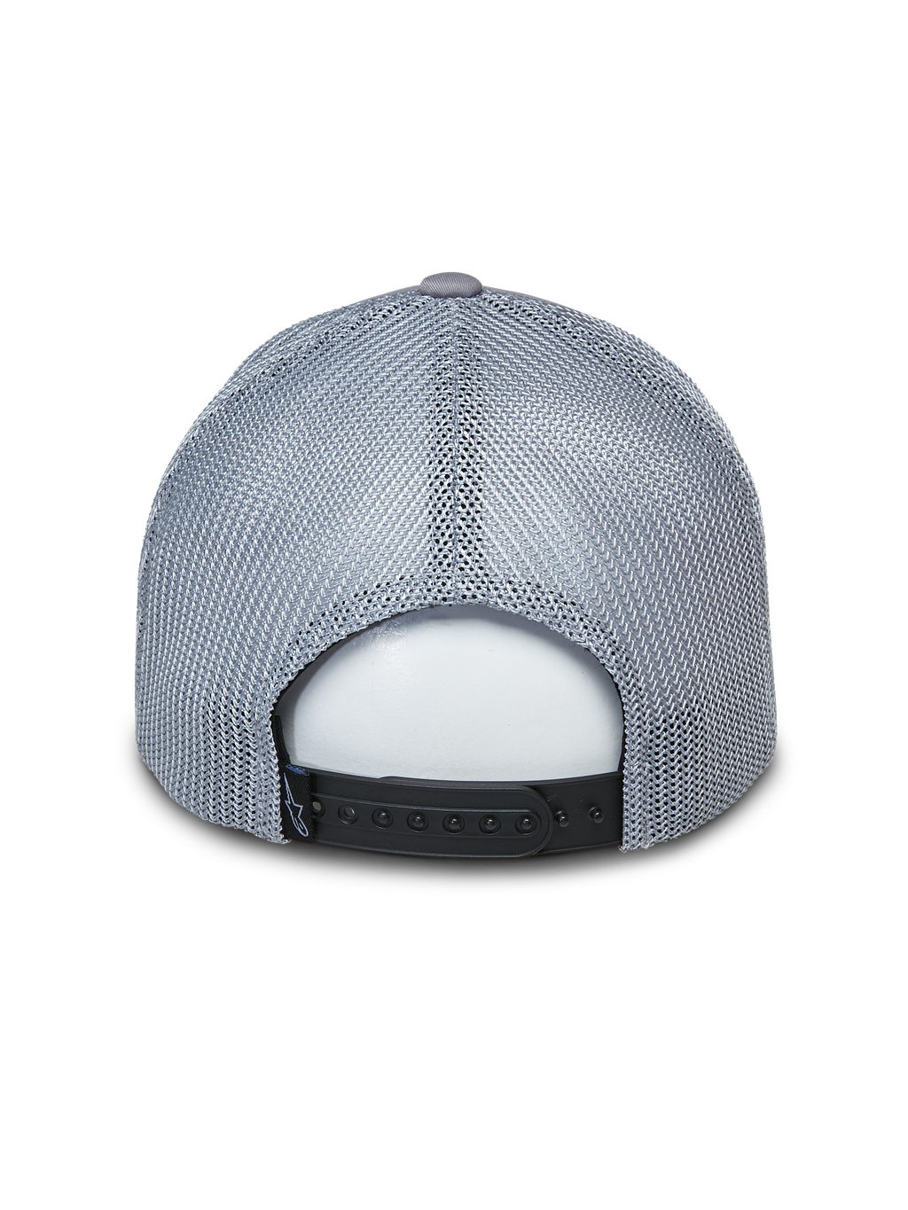 Alpinestars Terolithic Trucker Hat, graue Trucker-Mütze, Rückansicht mit grauen Mesh-Einsätzen und schwarzem Snapback-Verschluss, lässige vom Motorsport inspirierte Kopfbedeckung
