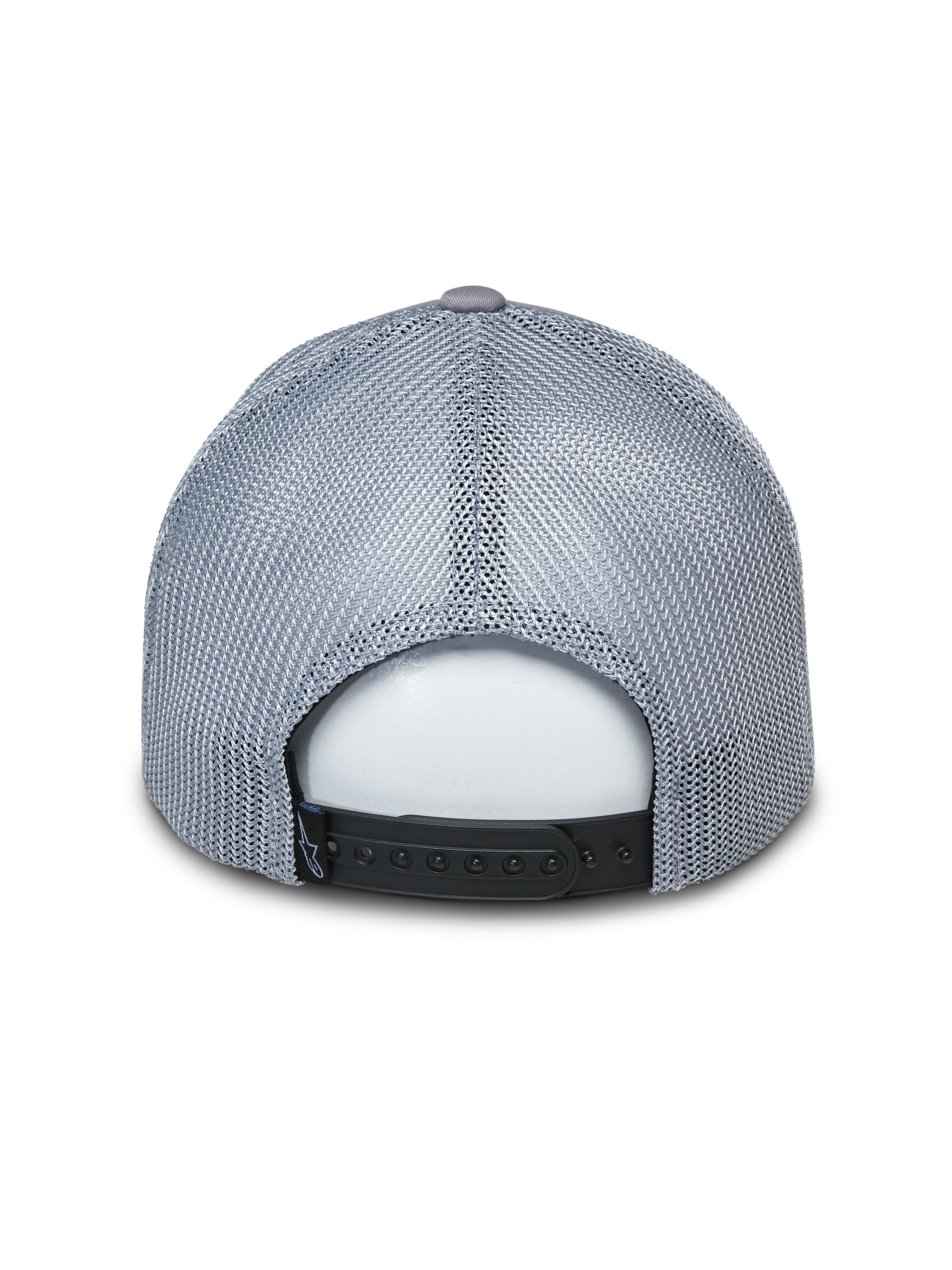 Alpinestars Terolithic Trucker Hat, graue Trucker-Mütze, Rückansicht mit grauen Mesh-Einsätzen und schwarzem Snapback-Verschluss, lässige vom Motorsport inspirierte Kopfbedeckung