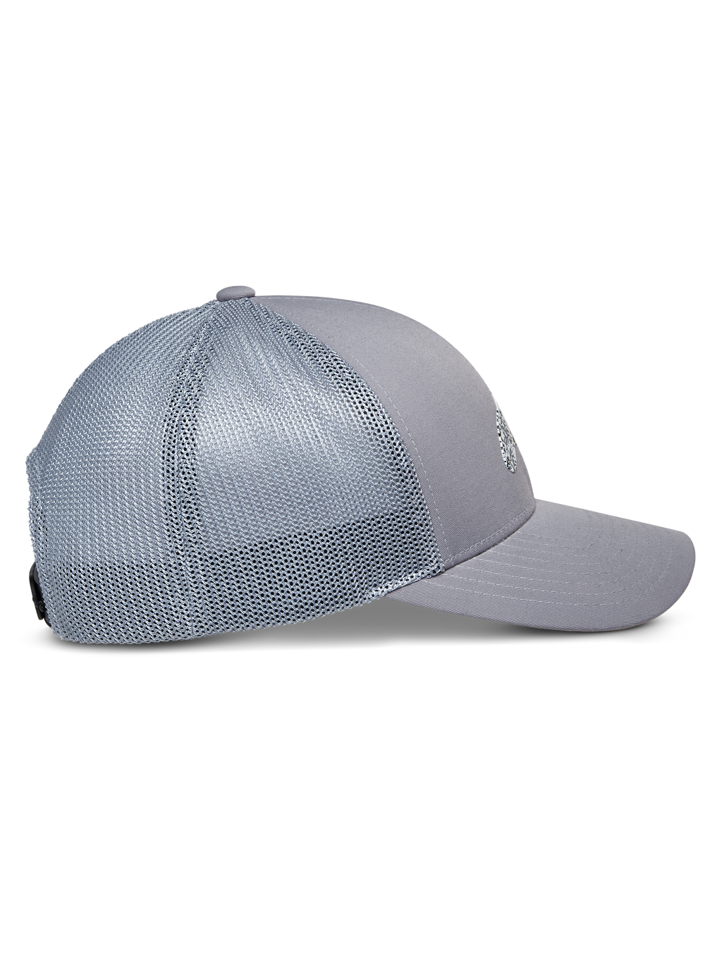Alpinestars Terolithic Trucker Hat, Grau, Seitenansicht mit gebogenem Schirm und Mesh-Rückseite, strukturierte niedrige Krone, lässige Sportbekleidung