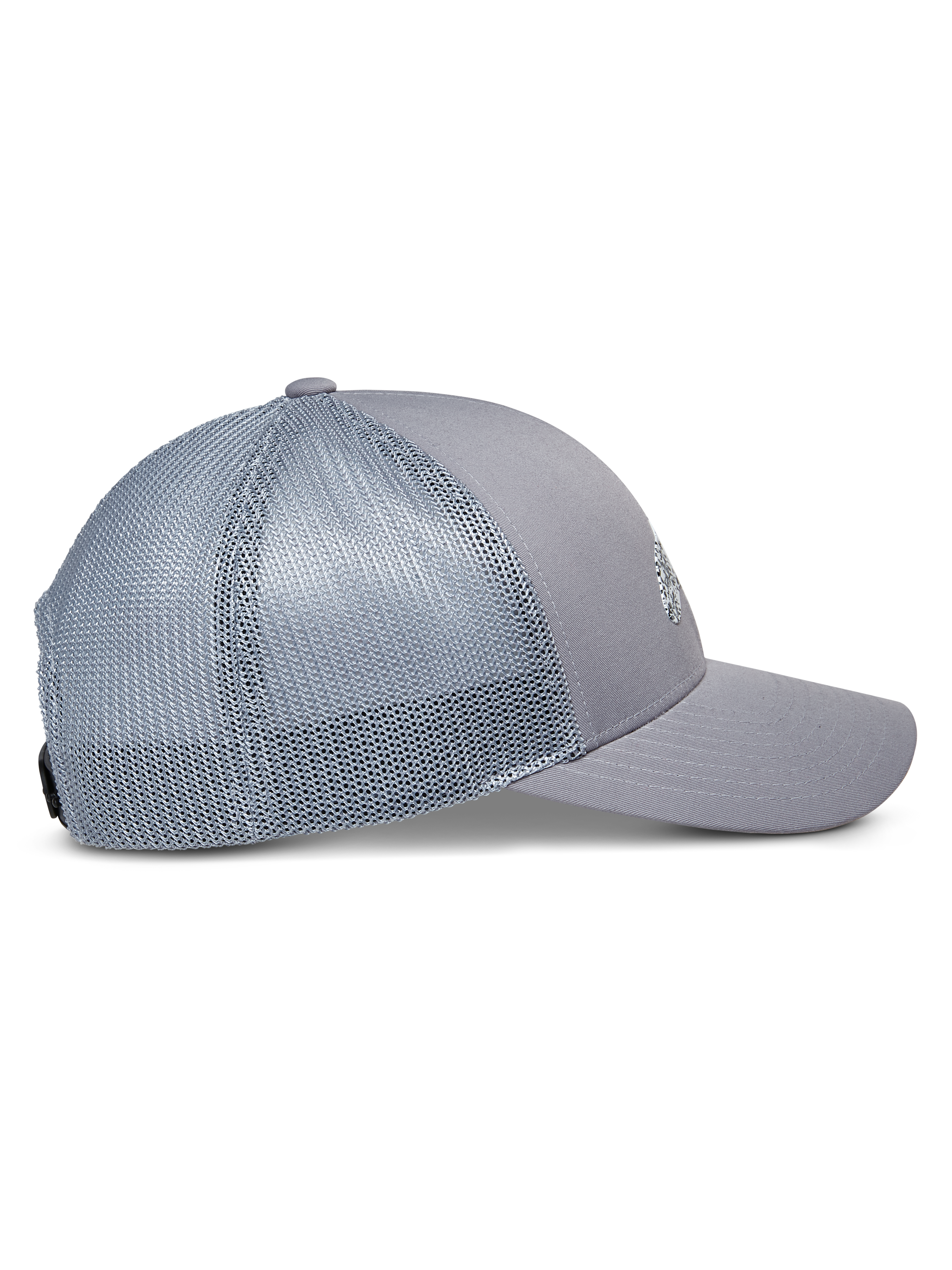 Alpinestars Terolithic Trucker Hat, Grau, Seitenansicht mit gebogenem Schirm und Mesh-Rückseite, strukturierte niedrige Krone, lässige Sportbekleidung