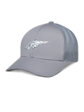 Alpinestars Terolithic Trucker Hat, graue Trucker-Cap, gebogener Schirm mit Mesh-Rücken, schwarz-weiß gesprenkeltes TPU-Logo, lässige Sportbekleidung