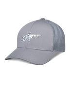 Alpinestars Terolithic Trucker Hat, graue Trucker-Cap, gebogener Schirm mit Mesh-Rücken, schwarz-weiß gesprenkeltes TPU-Logo, lässige Sportbekleidung