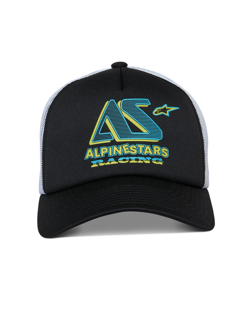 Alpinestars Ayess Trucker-Mütze, Snapback-Cap, Schwarz und Weiß, petrolfarbene und gelbe Alpinestars Racing-Grafik auf der Schaumstoffkrone, gebogener Schirm und weißes Mesh-Rückteil, lässiges, vom Motorsport inspiriertes Design