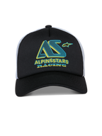 Alpinestars Ayess Trucker-Mütze, Snapback-Cap, Schwarz und Weiß, petrolfarbene und gelbe Alpinestars Racing-Grafik auf der Schaumstoffkrone, gebogener Schirm und weißes Mesh-Rückteil, lässiges, vom Motorsport inspiriertes Design