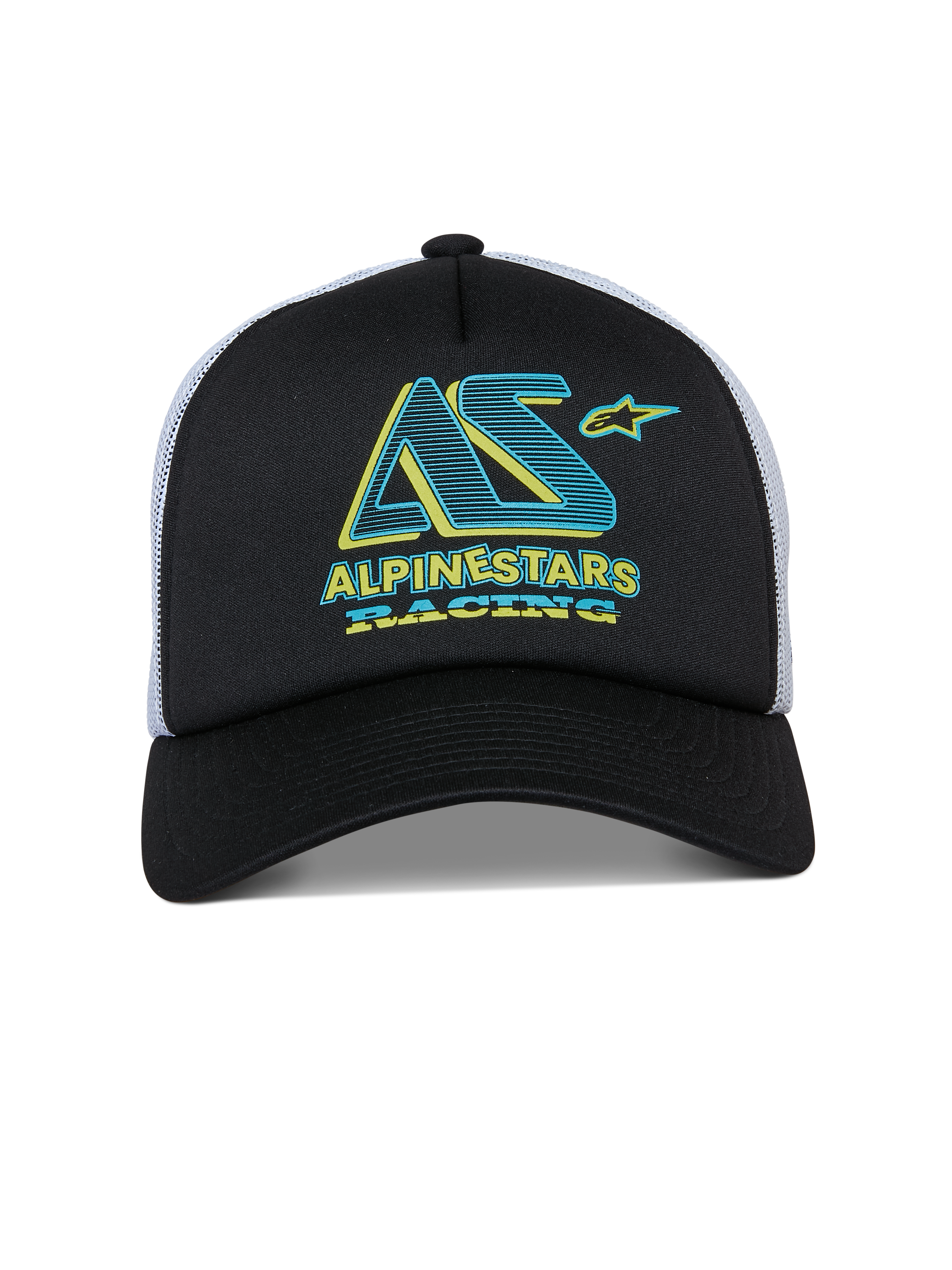 Alpinestars Ayess Trucker-Mütze, Snapback-Cap, Schwarz und Weiß, petrolfarbene und gelbe Alpinestars Racing-Grafik auf der Schaumstoffkrone, gebogener Schirm und weißes Mesh-Rückteil, lässiges, vom Motorsport inspiriertes Design