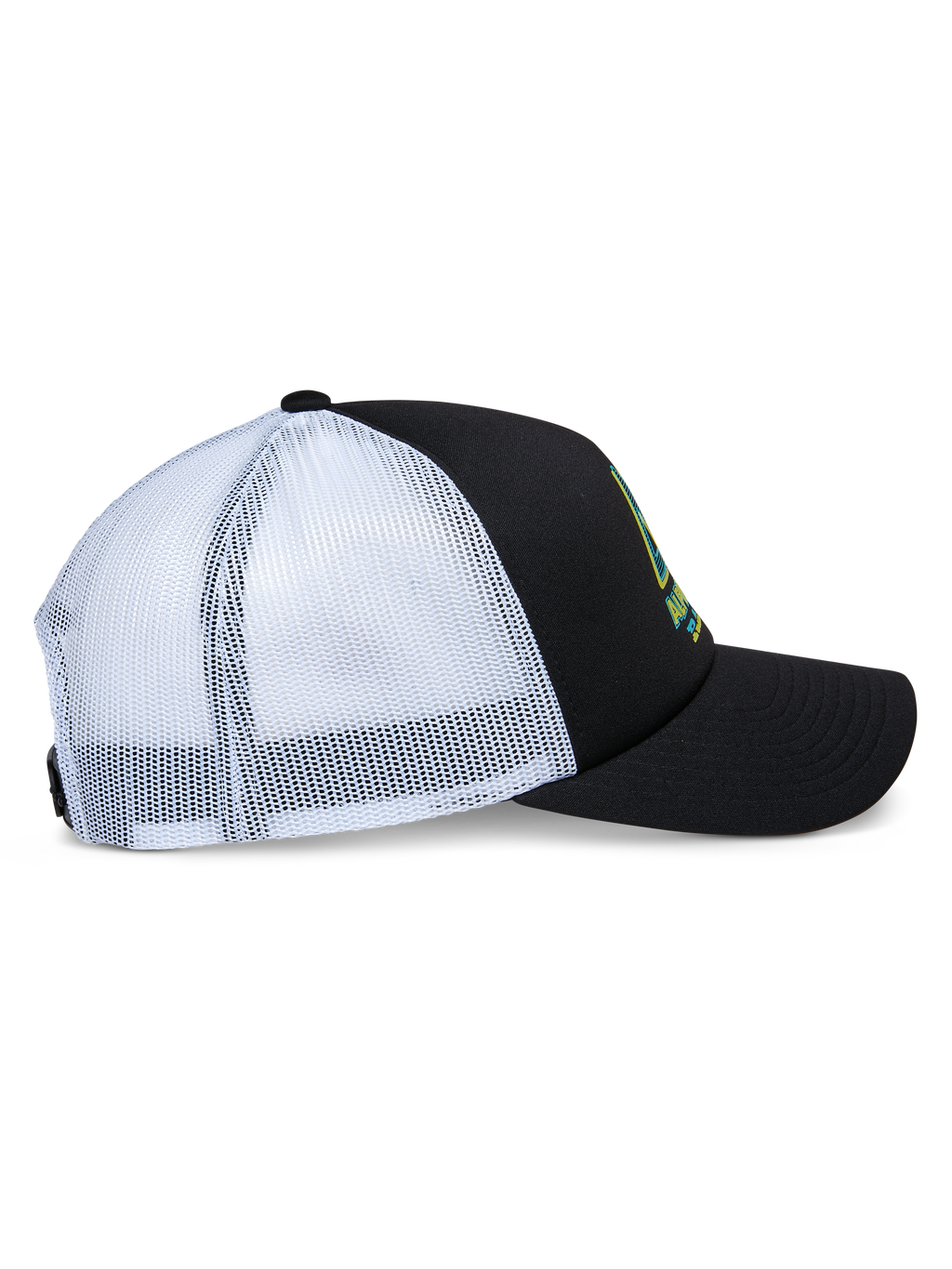 Alpinestars Ayess Trucker Hat, Seitenansicht, schwarze Schaumstoffkrone und gebogener Schirm mit weißen Mesh-Einsätzen hinten, Logo-Print vorne, lässiger Motorsport-inspirierter Snapback