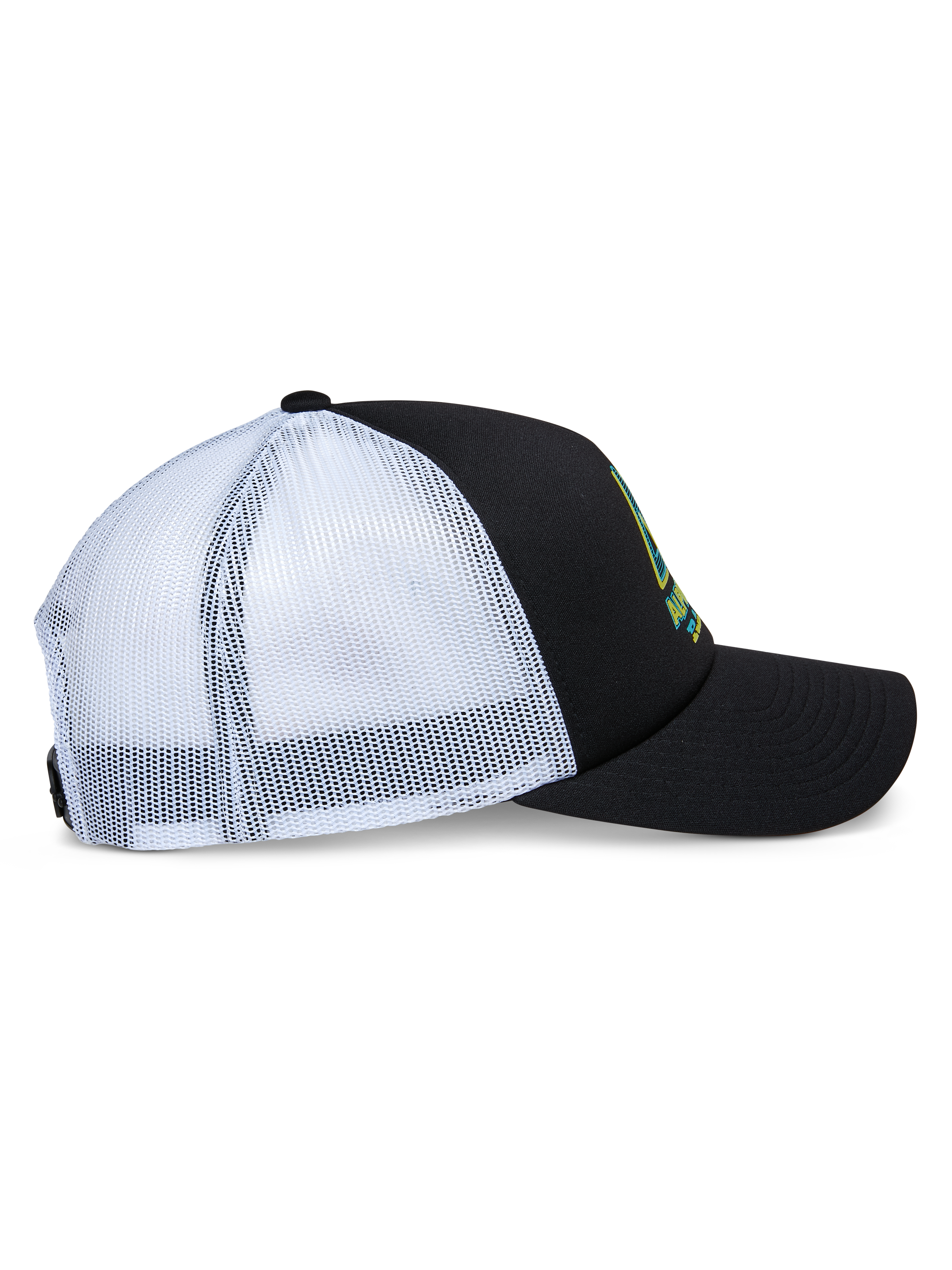 Alpinestars Ayess Trucker Hat, Seitenansicht, schwarze Schaumstoffkrone und gebogener Schirm mit weißen Mesh-Einsätzen hinten, Logo-Print vorne, lässiger Motorsport-inspirierter Snapback