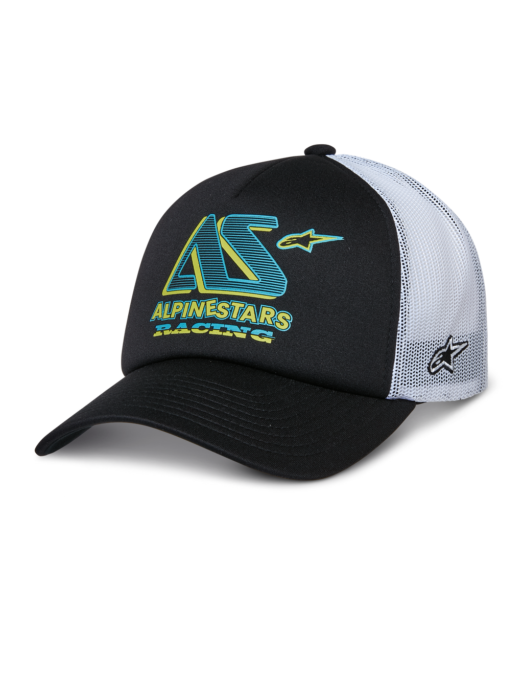 Alpinestars Ayess Trucker Hat, schwarz-weiße Trucker-Kappe mit gebogenem Schirm, weiße Mesh-Rückseite, türkisfarbenes und gelbes AS-Logo mit Alpinestars Racing Schriftzug, seitliches Stern-Logo auf dem Mesh, lässige Motorsport-Sportbekleidung