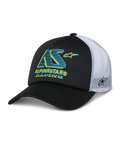 Alpinestars Ayess Trucker Hat, schwarz-weiße Trucker-Kappe mit gebogenem Schirm, weiße Mesh-Rückseite, türkisfarbenes und gelbes AS-Logo mit Alpinestars Racing Schriftzug, seitliches Stern-Logo auf dem Mesh, lässige Motorsport-Sportbekleidung