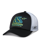 Alpinestars Ayess Trucker Hat, schwarz-weiße Trucker-Kappe mit gebogenem Schirm, weiße Mesh-Rückseite, türkisfarbenes und gelbes AS-Logo mit Alpinestars Racing Schriftzug, seitliches Stern-Logo auf dem Mesh, lässige Motorsport-Sportbekleidung