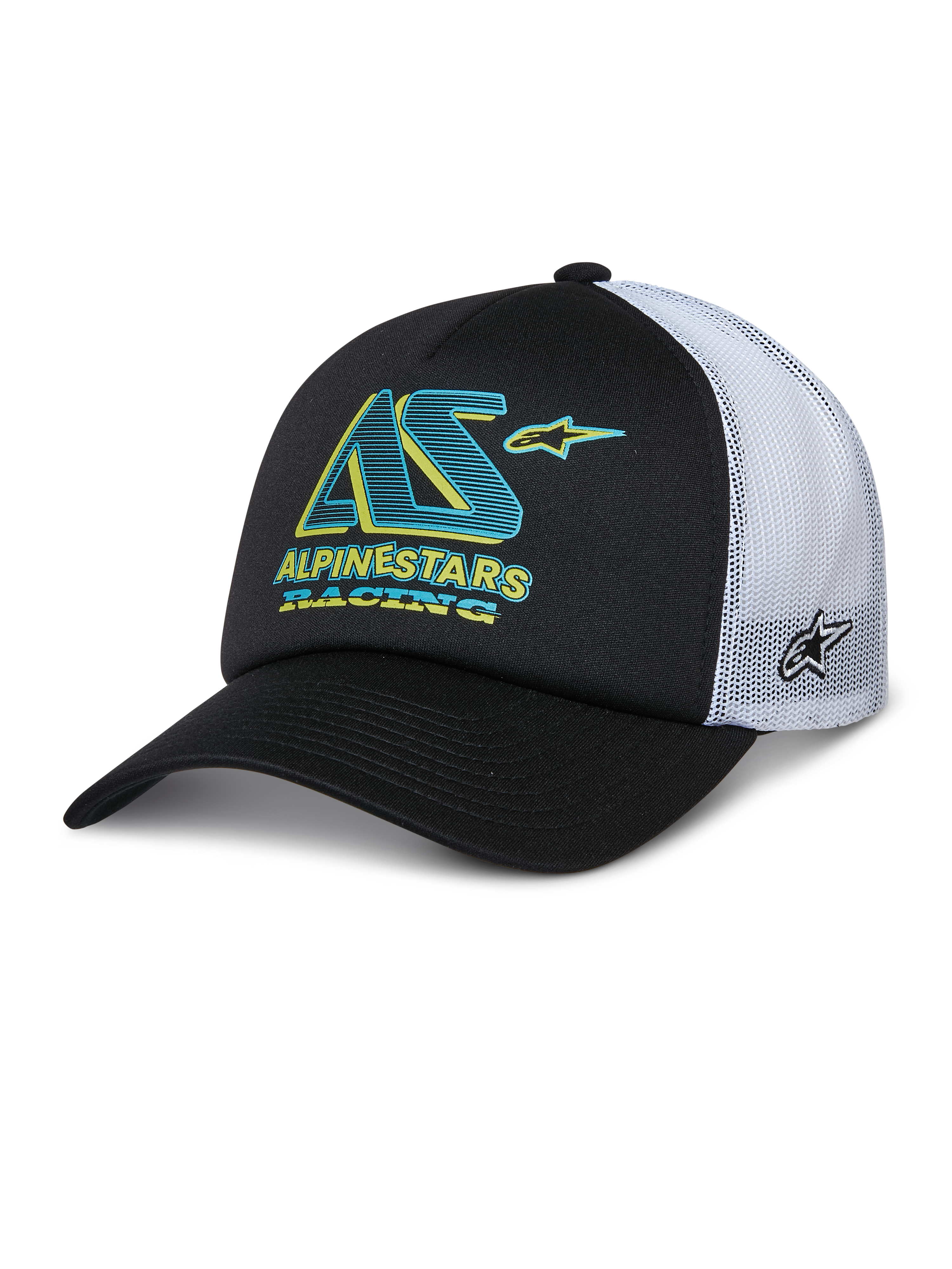 Alpinestars Ayess Trucker Hat, schwarz-weiße Trucker-Kappe mit gebogenem Schirm, weiße Mesh-Rückseite, türkisfarbenes und gelbes AS-Logo mit Alpinestars Racing Schriftzug, seitliches Stern-Logo auf dem Mesh, lässige Motorsport-Sportbekleidung