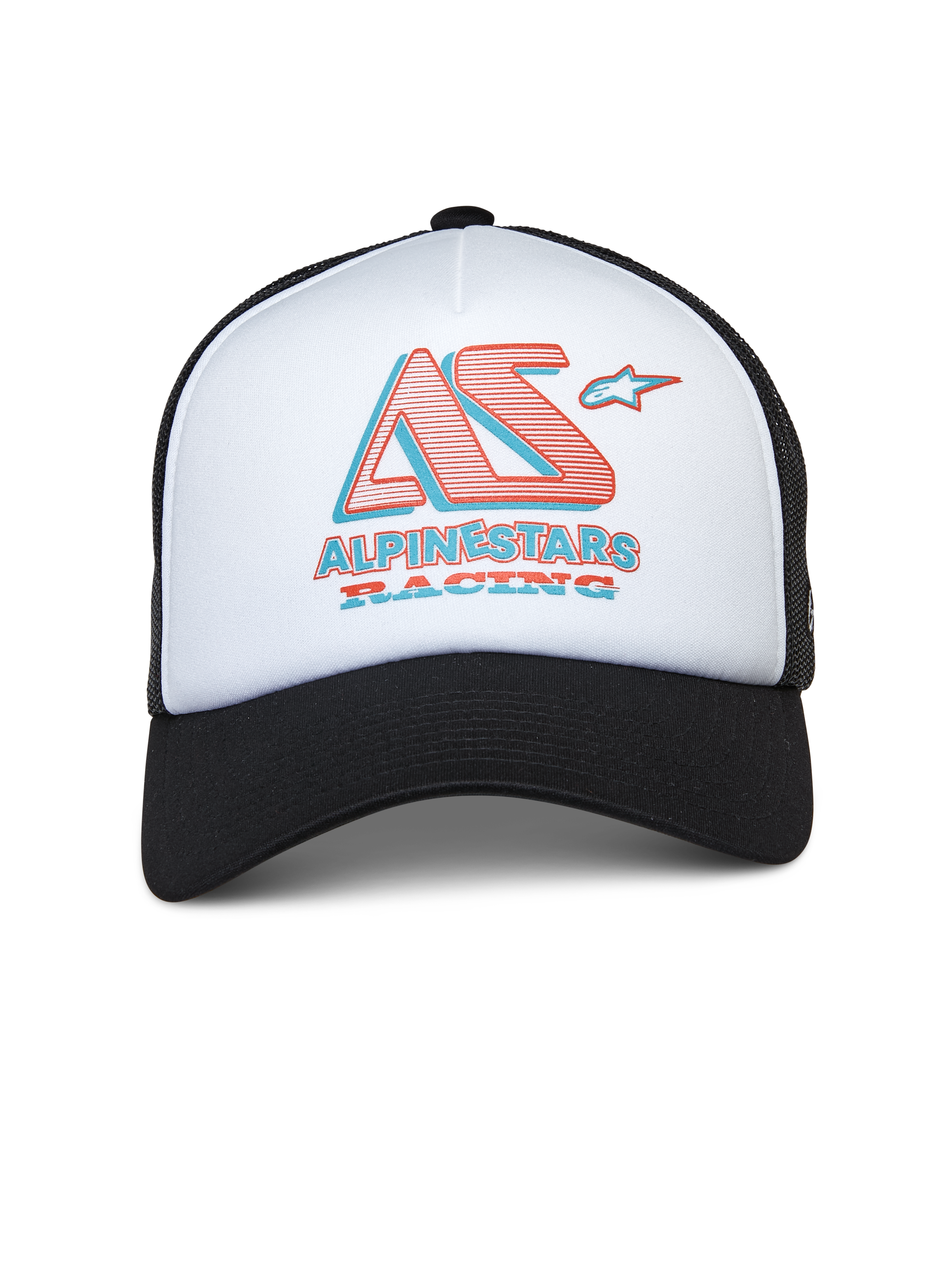 Alpinestars Ayess Trucker Hat, white and black trucker cap, white foam front panel with black curved brim and mesh back, stylized AS and Alpinestars Racing logo in red and blue, casual motorsport-inspired streetwear