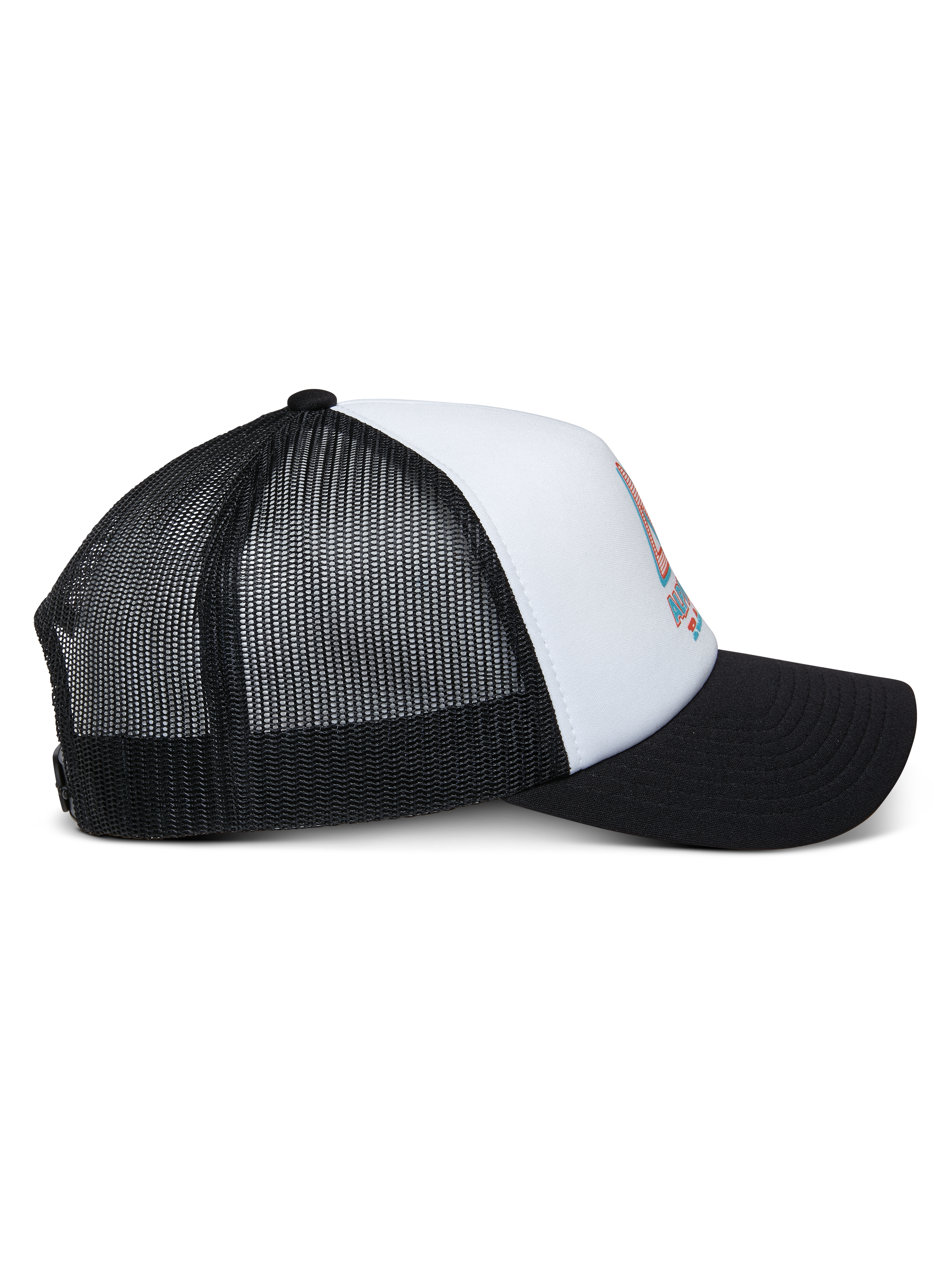 Alpinestars Ayess Trucker Hat, White and Black, side view featuring a curved black bill, white foam crown with front logo print, and breathable black mesh back, casual motorsport headwear