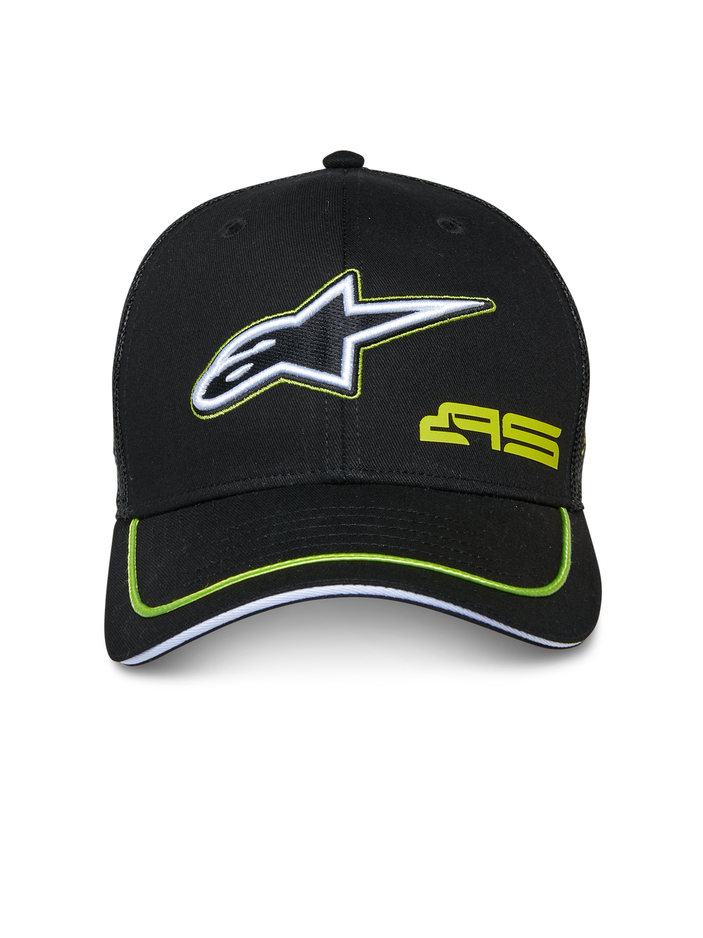 Alpinestars Exceed Trucker Hat, Schwarz mit limettengrünen Akzenten, besticktes weiß-schwarzes Stern-Logo, limettengrünes AS-Logo, gebogener Schirm mit Neon-Paspelierung, lässige vom Motorsport inspirierte Kopfbedeckung