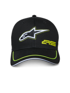 Alpinestars Exceed Trucker Hat, Schwarz mit limettengrünen Akzenten, besticktes weiß-schwarzes Stern-Logo, limettengrünes AS-Logo, gebogener Schirm mit Neon-Paspelierung, lässige vom Motorsport inspirierte Kopfbedeckung