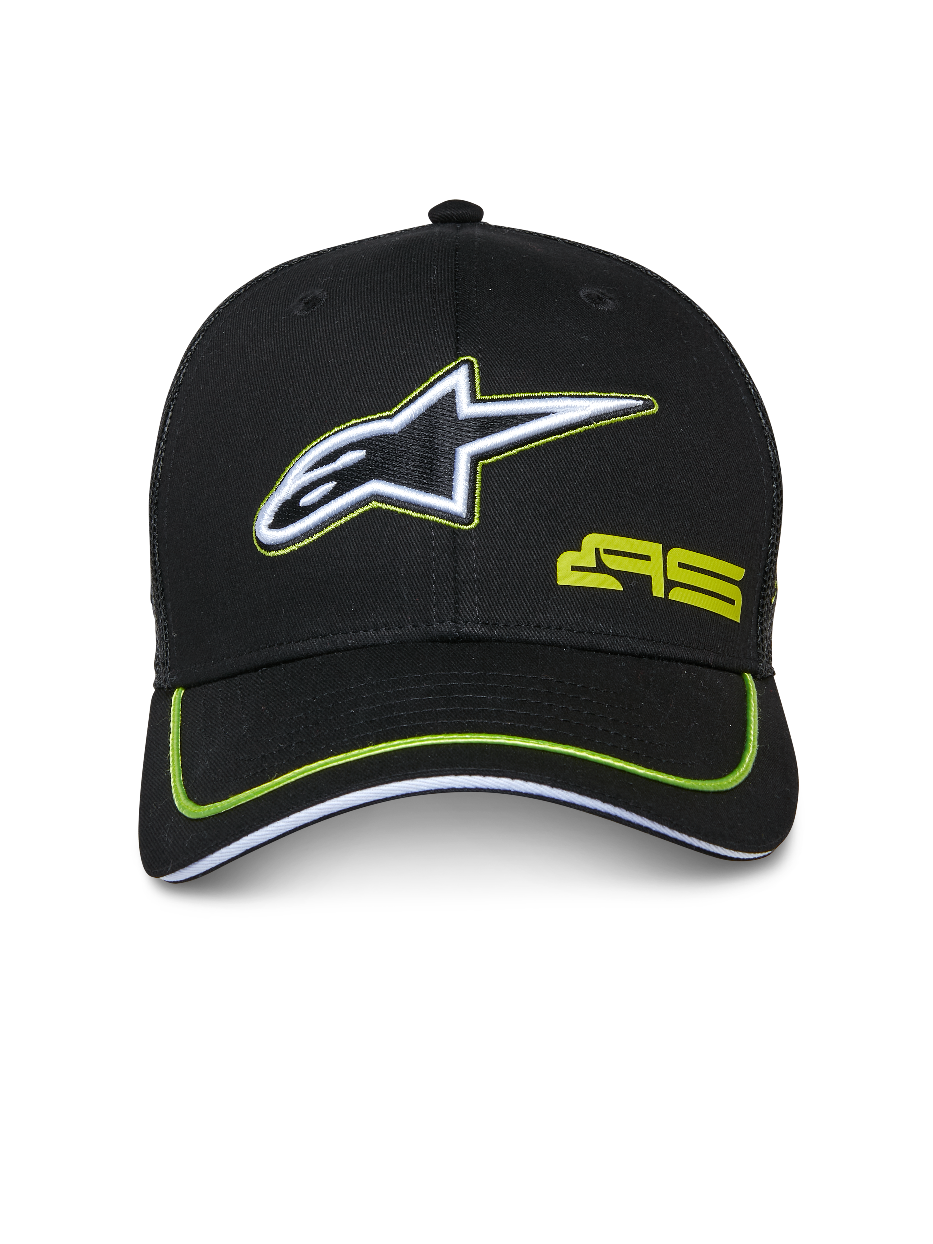 Alpinestars Exceed Trucker Hat, Schwarz mit limettengrünen Akzenten, besticktes weiß-schwarzes Stern-Logo, limettengrünes AS-Logo, gebogener Schirm mit Neon-Paspelierung, lässige vom Motorsport inspirierte Kopfbedeckung