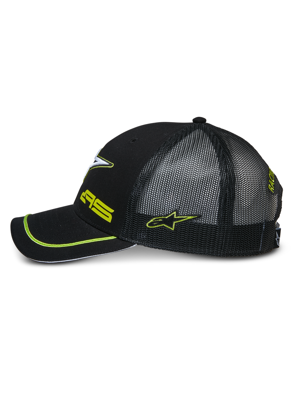 Alpinestars Exceed Trucker Hat, Seitenansicht einer schwarzen Snapback-Kappe, schwarzes Mesh-Gewebe auf der Rückseite, gebogener Schirm mit neongrüner Paspelierung, neongrün bestickte Logos, lässige Motorsport-Kopfbedeckung