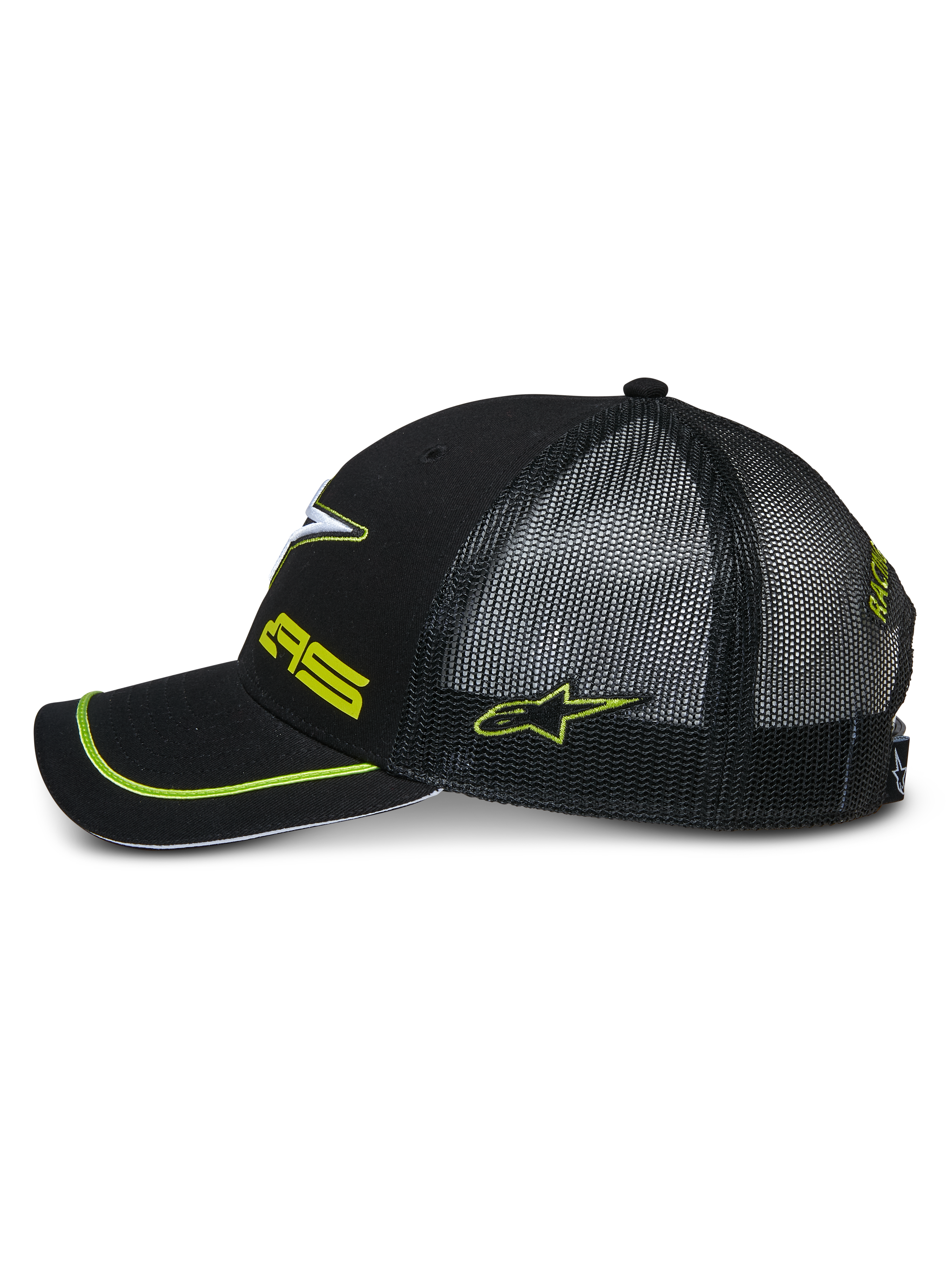 Alpinestars Exceed Trucker Hat, Seitenansicht einer schwarzen Snapback-Kappe, schwarzes Mesh-Gewebe auf der Rückseite, gebogener Schirm mit neongrüner Paspelierung, neongrün bestickte Logos, lässige Motorsport-Kopfbedeckung