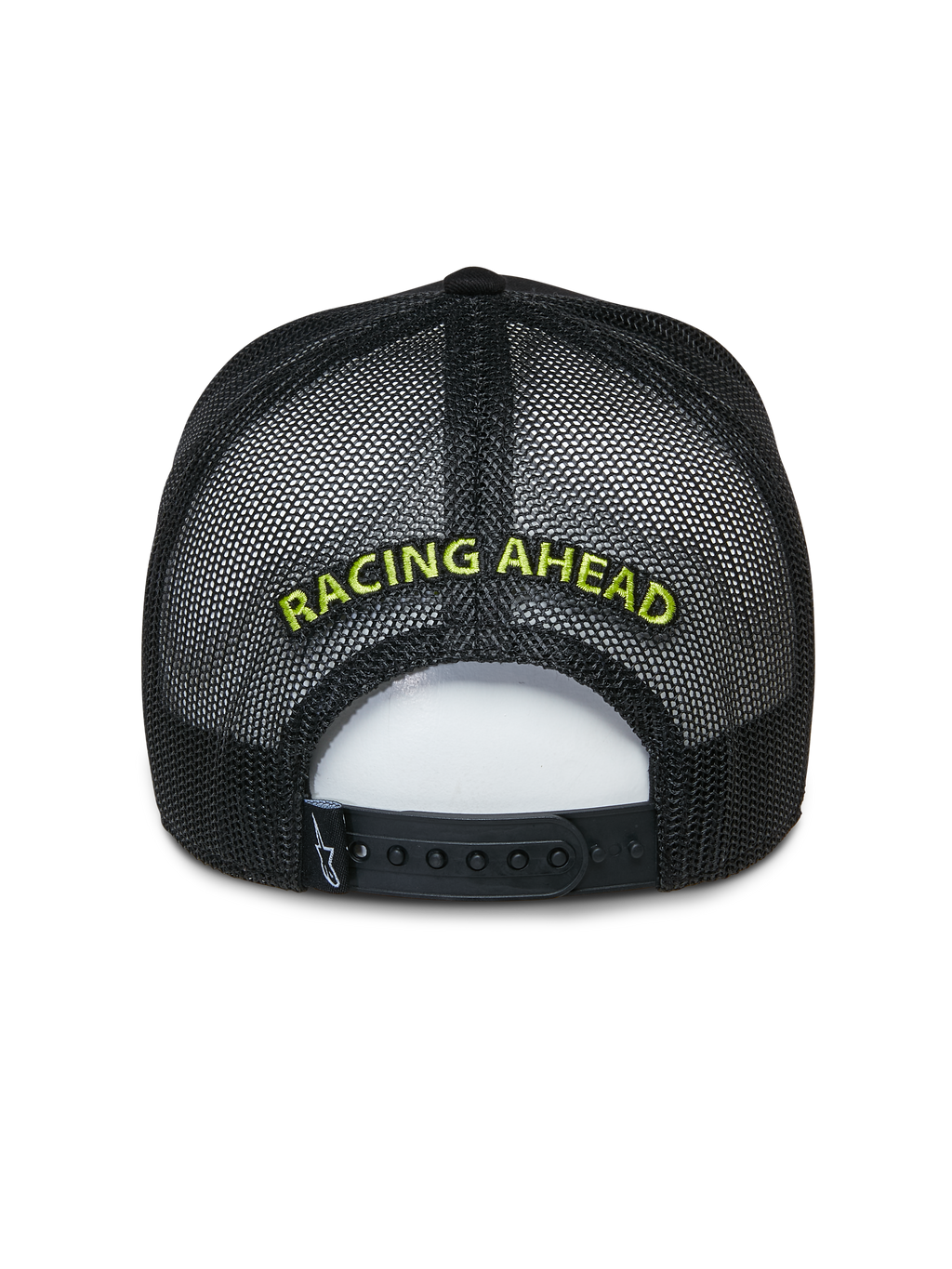 Alpinestars Exceed Trucker Hat, schwarze Trucker-Cap, Rückansicht mit Mesh-Einsätzen und Snapback-Verschluss, limonengrüne „RACING AHEAD“-Stickerei, lässige, vom Motorsport inspirierte Kopfbedeckung